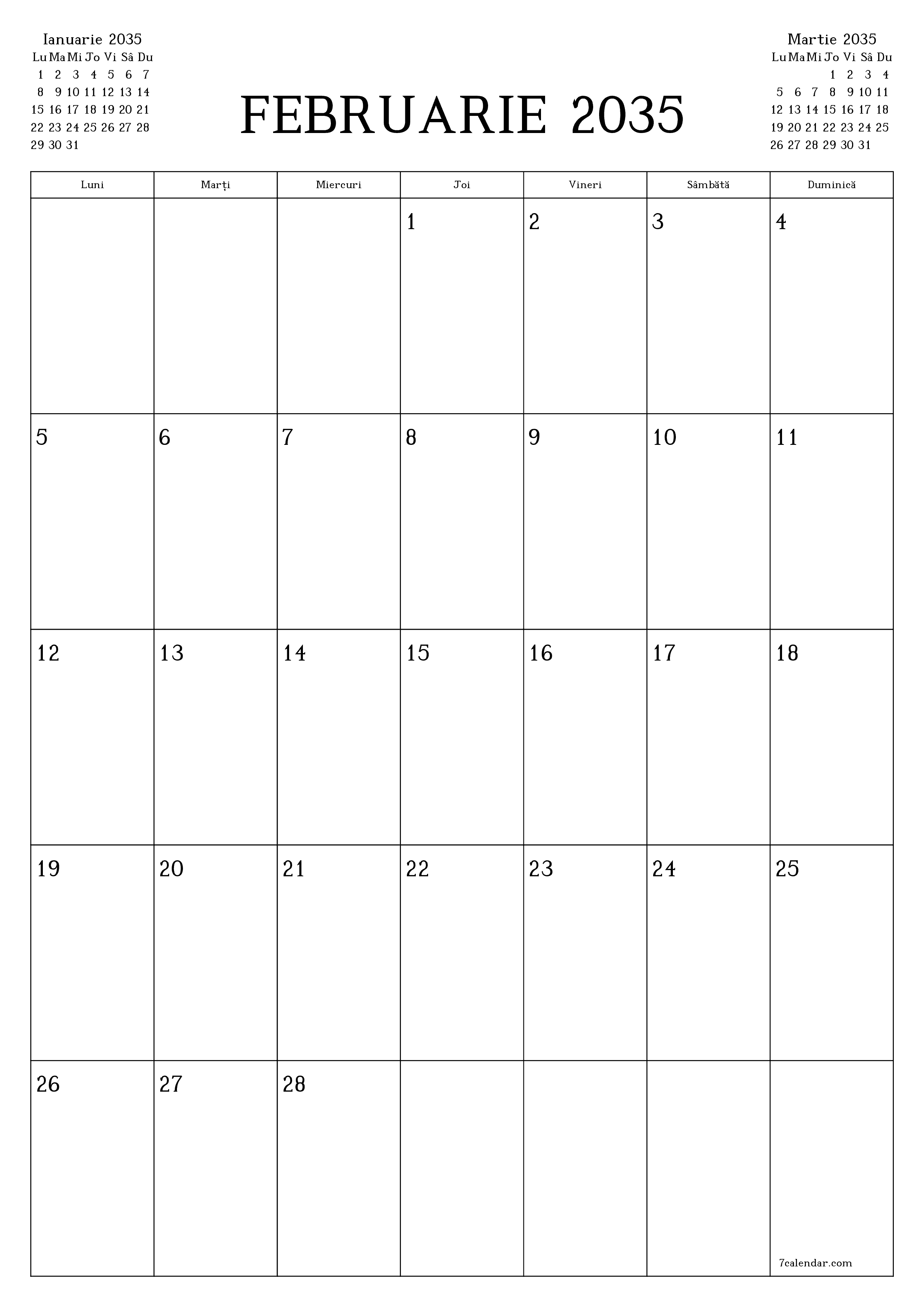 imprimabil de perete șablon de gratuitvertical Lunar planificator calendar Februarie (Feb) 2035