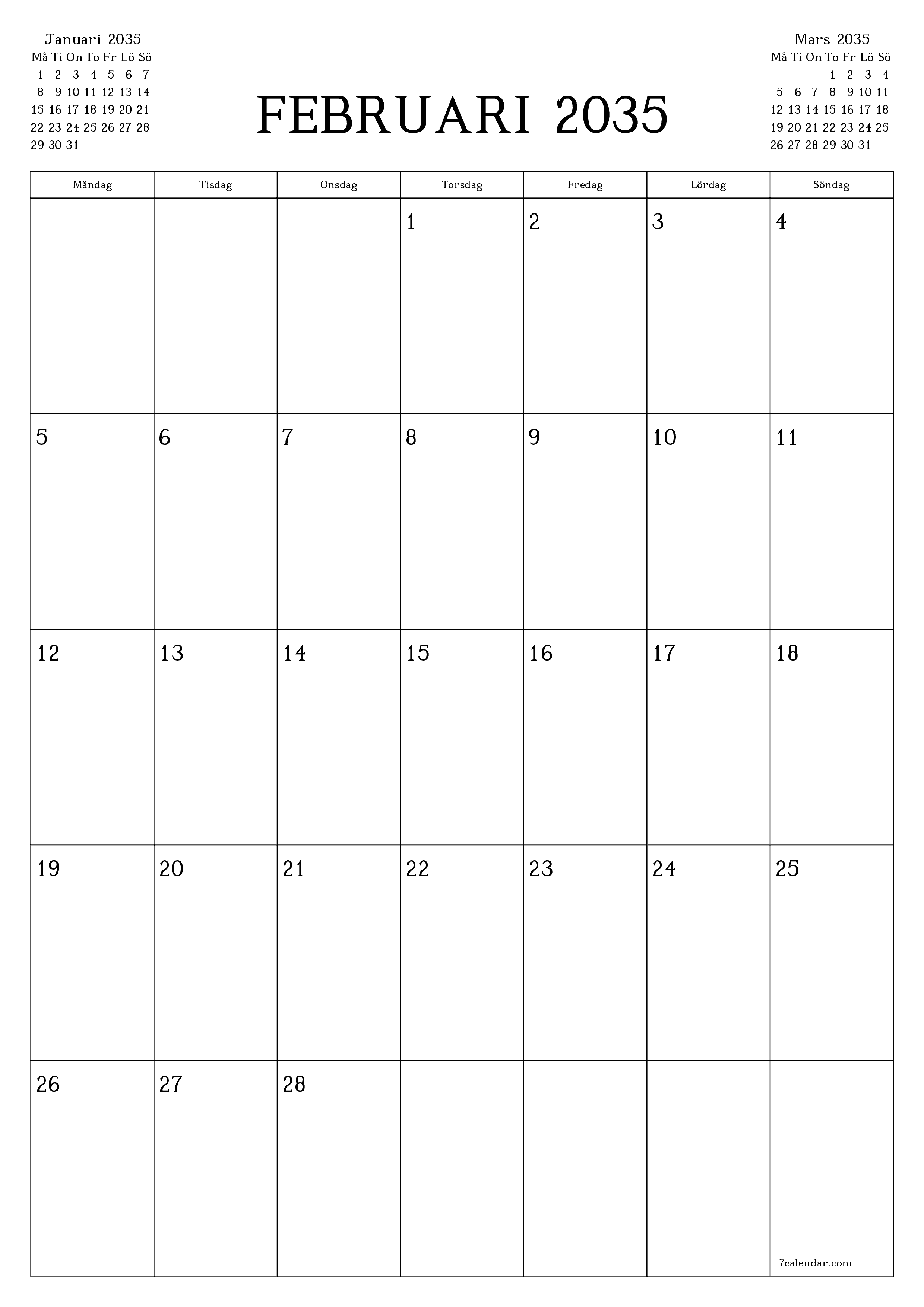 utskrivbar vägg mall gratis vertikal Månatlig planerare kalender Februari (Feb) 2035