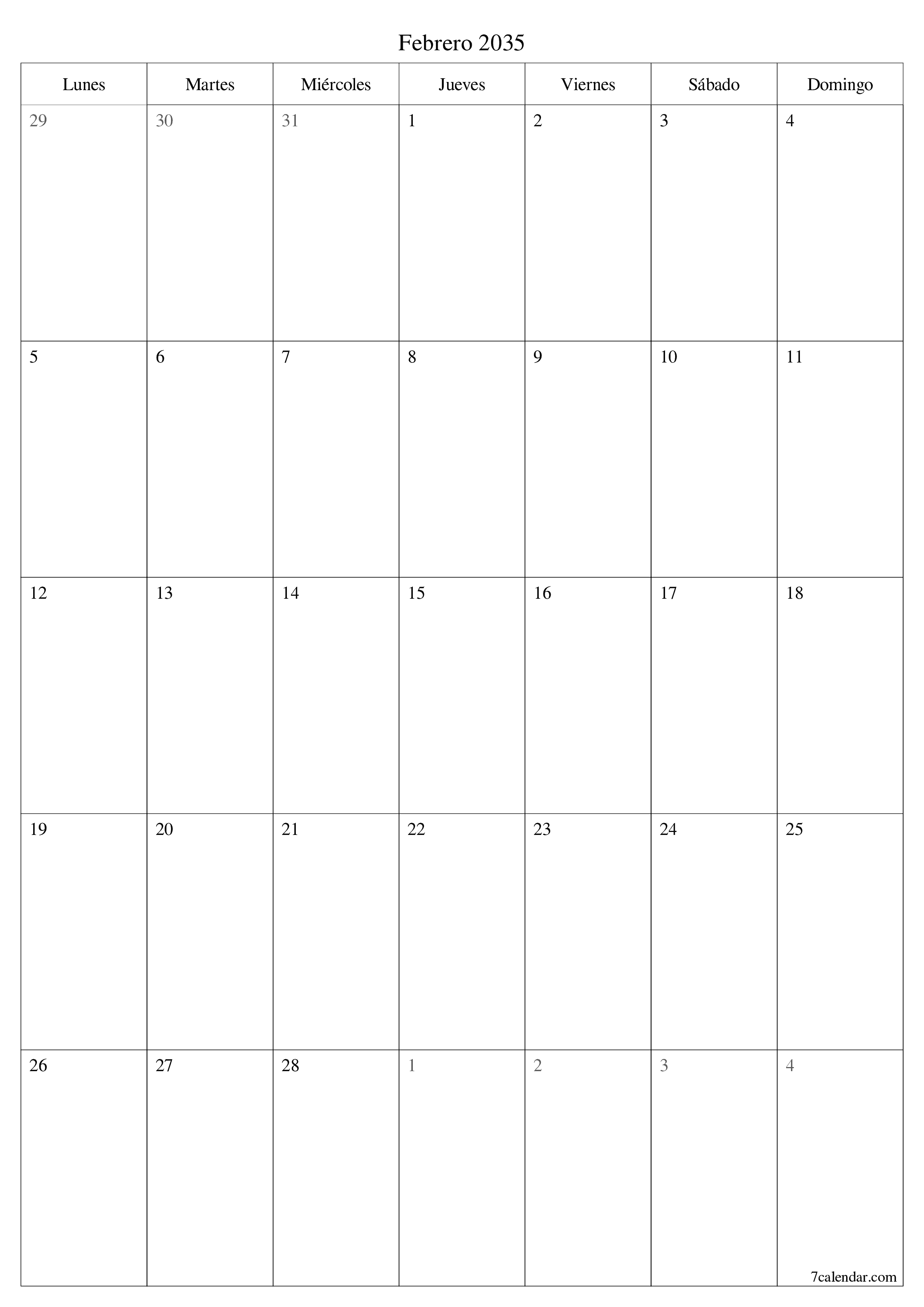 Planificador mensual vacío para el mes Febrero 2035 con notas, guardar e imprimir en PDF PNG Spanish