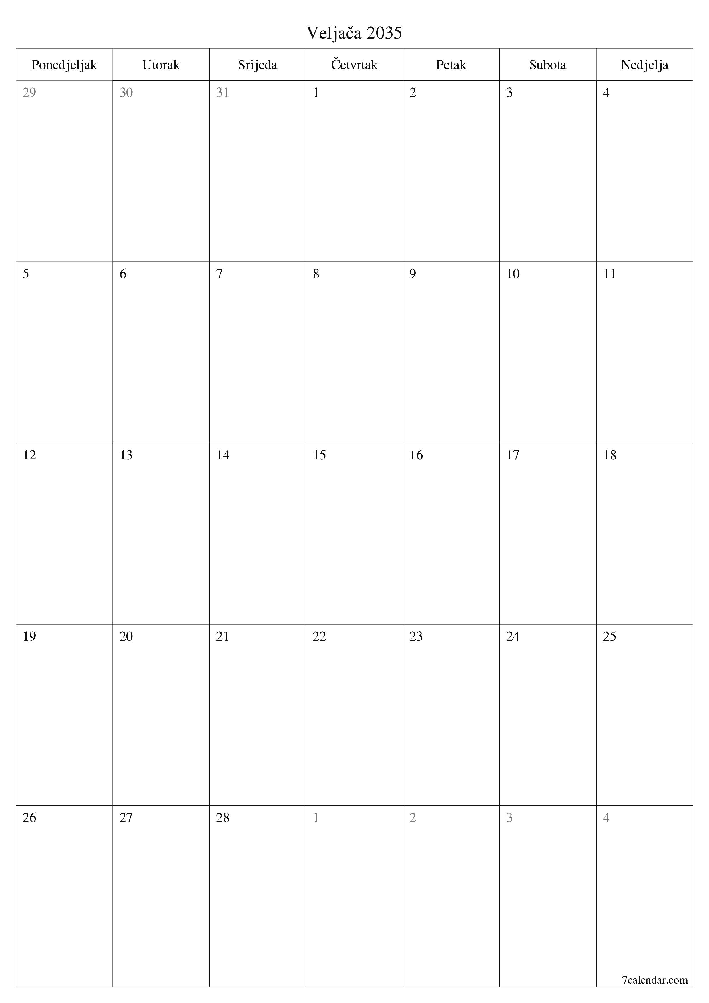  za ispis zidni predložak a besplatni okomito Mjesečni planer kalendar Veljača (Vel) 2035