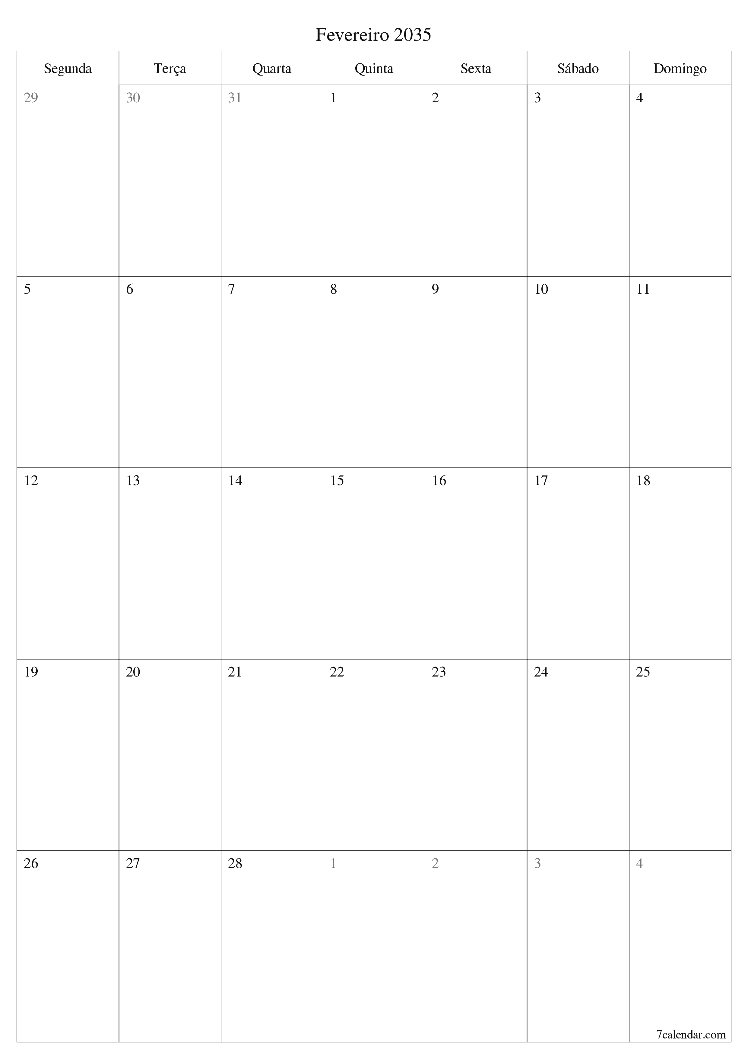 para impressão de parede modelo de grátisvertical Mensal planejador calendário Fevereiro (Fev) 2035