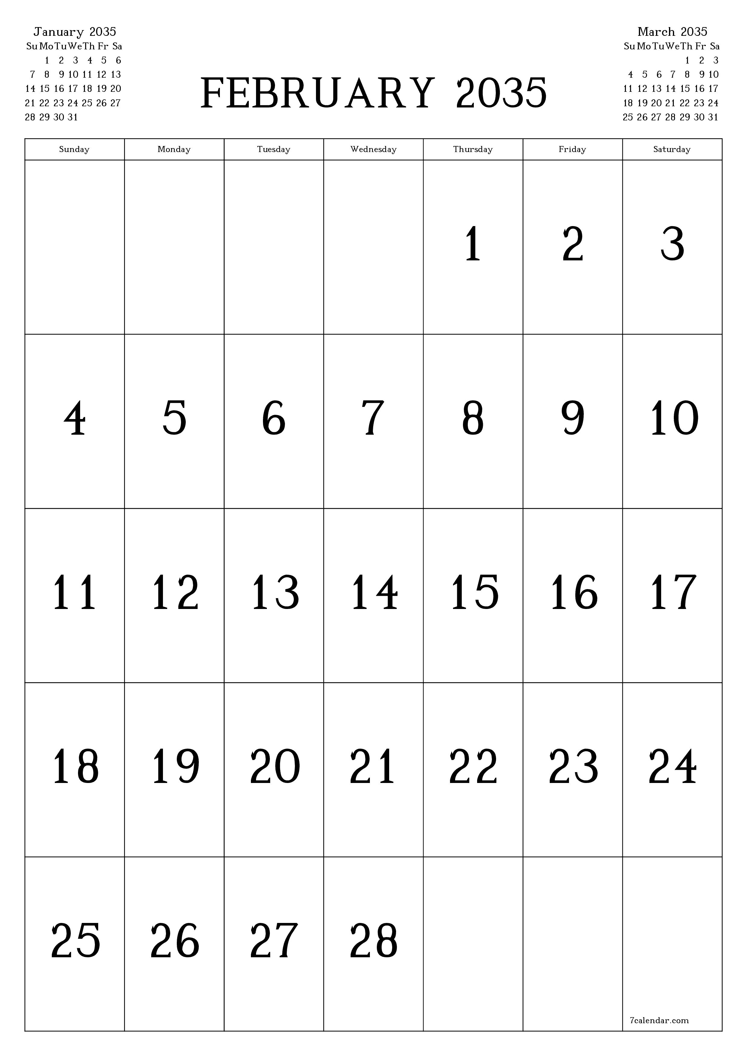 Blank calendar February 2035