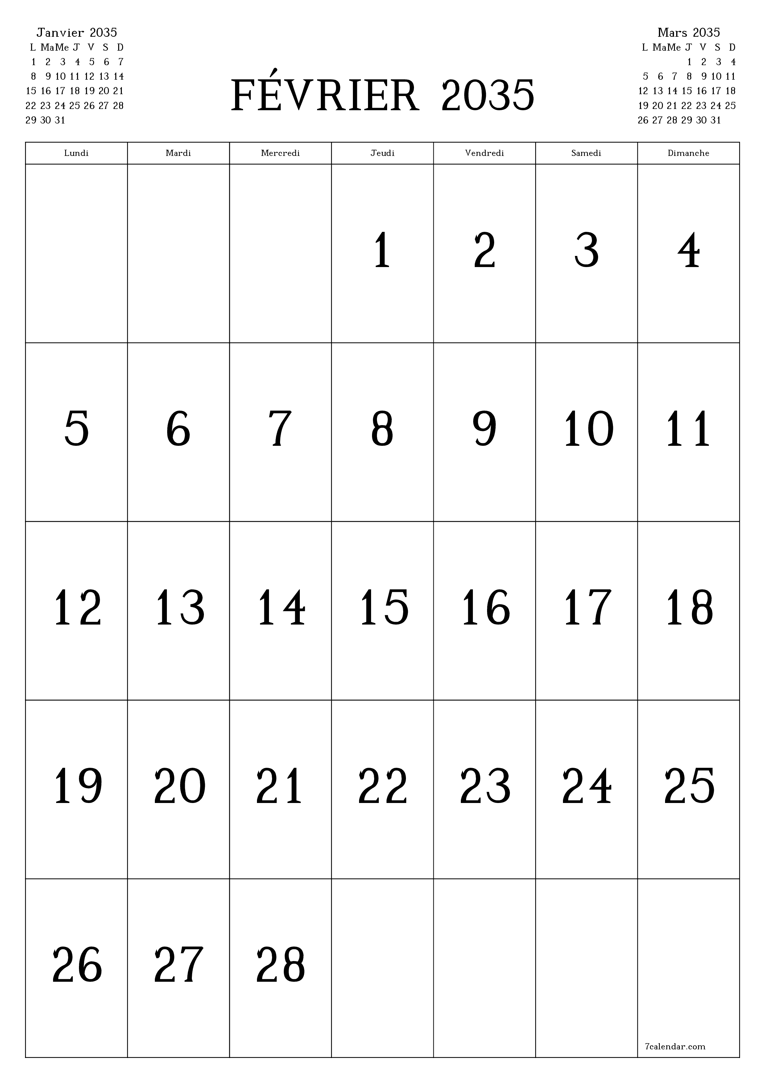  imprimable mural modèle de gratuitverticale Mensuel calendrier Février (Fév) 2035