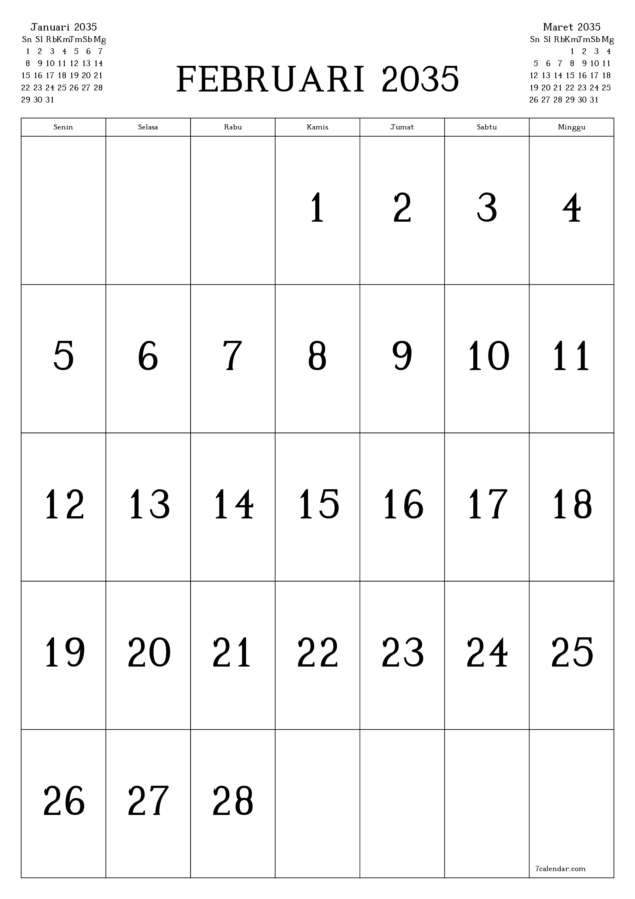  yang dapat dicetak dinding templat gratisvertikal Bulanan kalender Februari (Feb) 2035