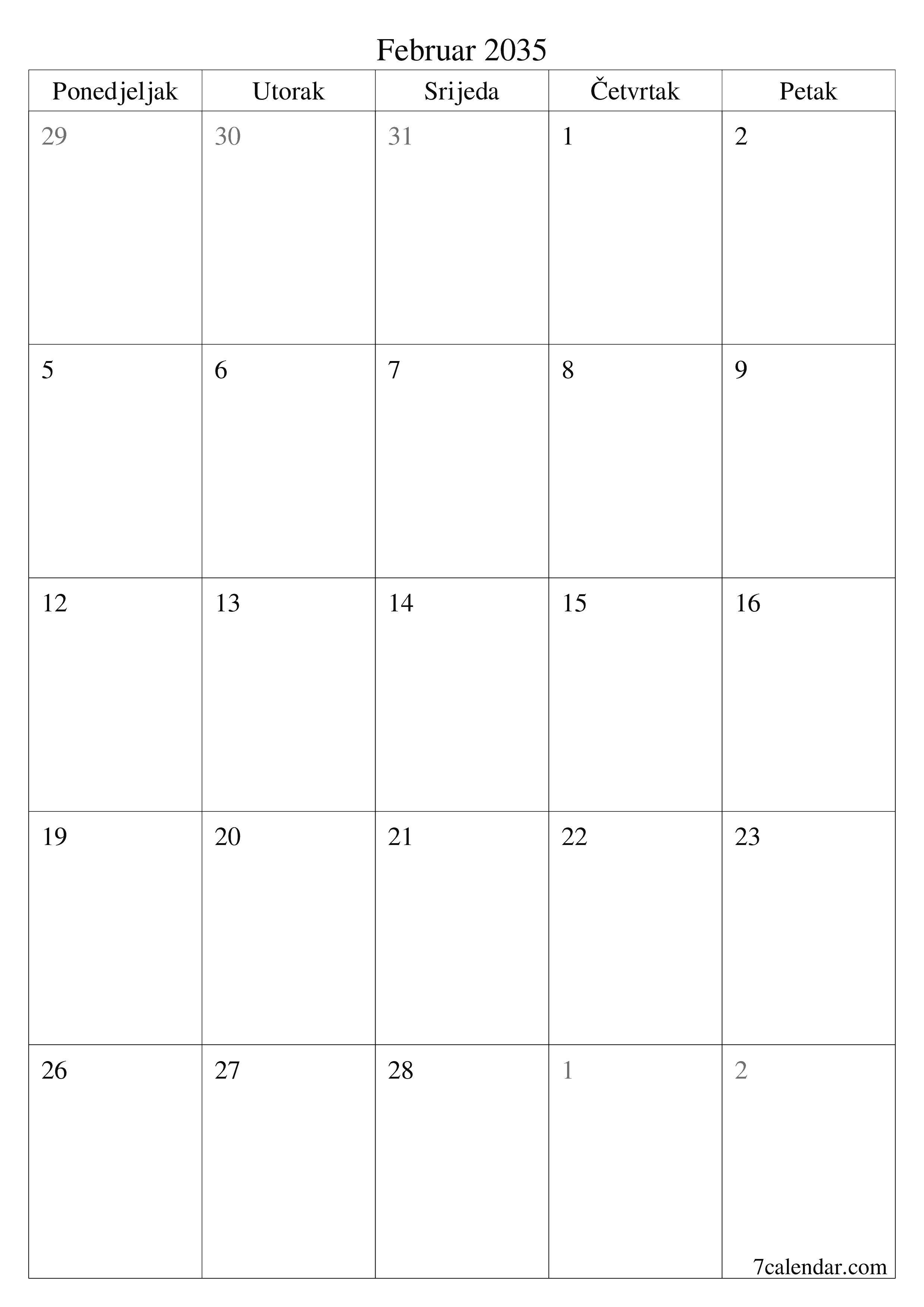  za štampanje zidni šablon a besplatni vertikalno Mjesečno planer kalendar Februar (Feb) 2035