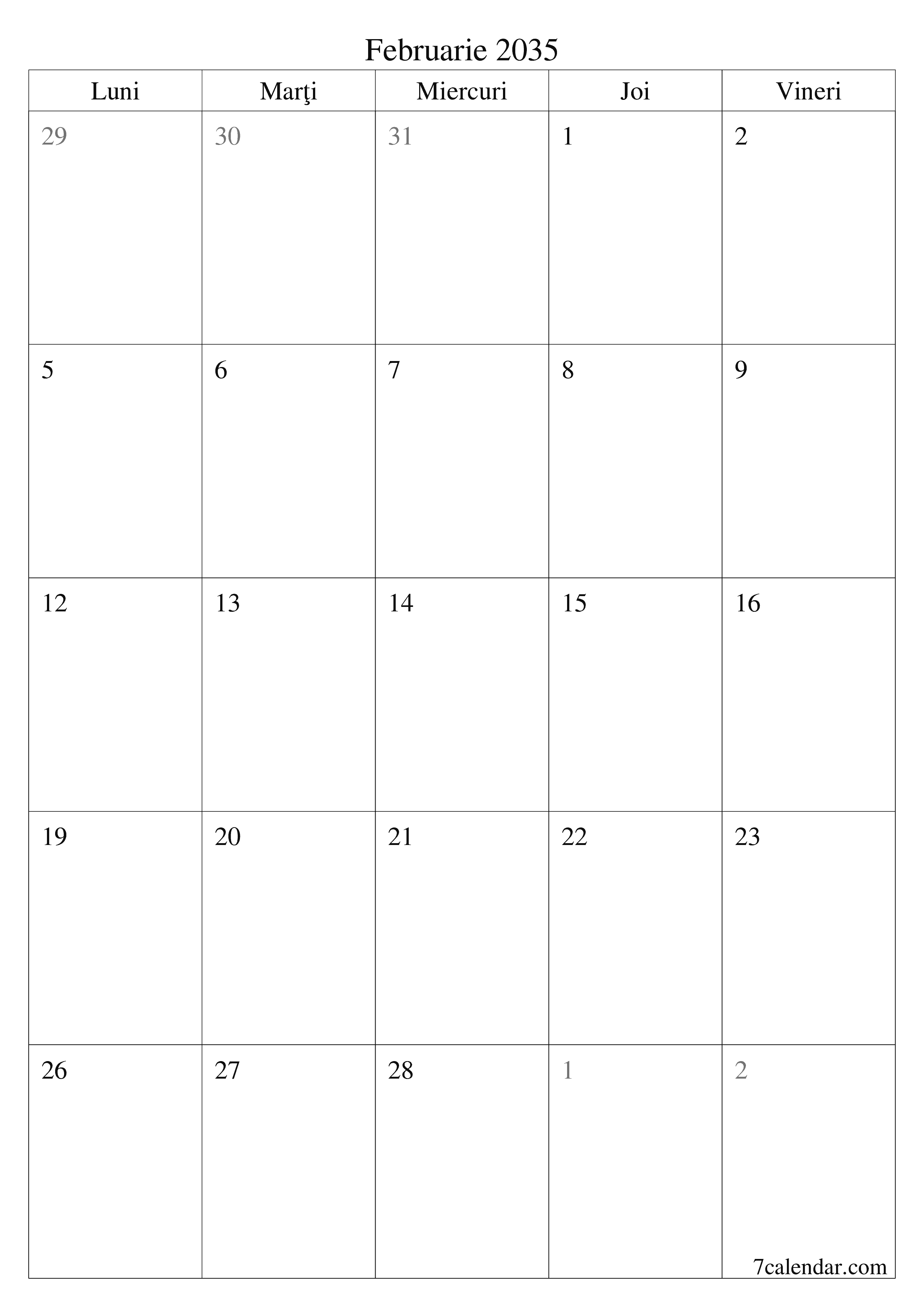  imprimabil de perete șablon de gratuitvertical Lunar planificator calendar Februarie (Feb) 2035