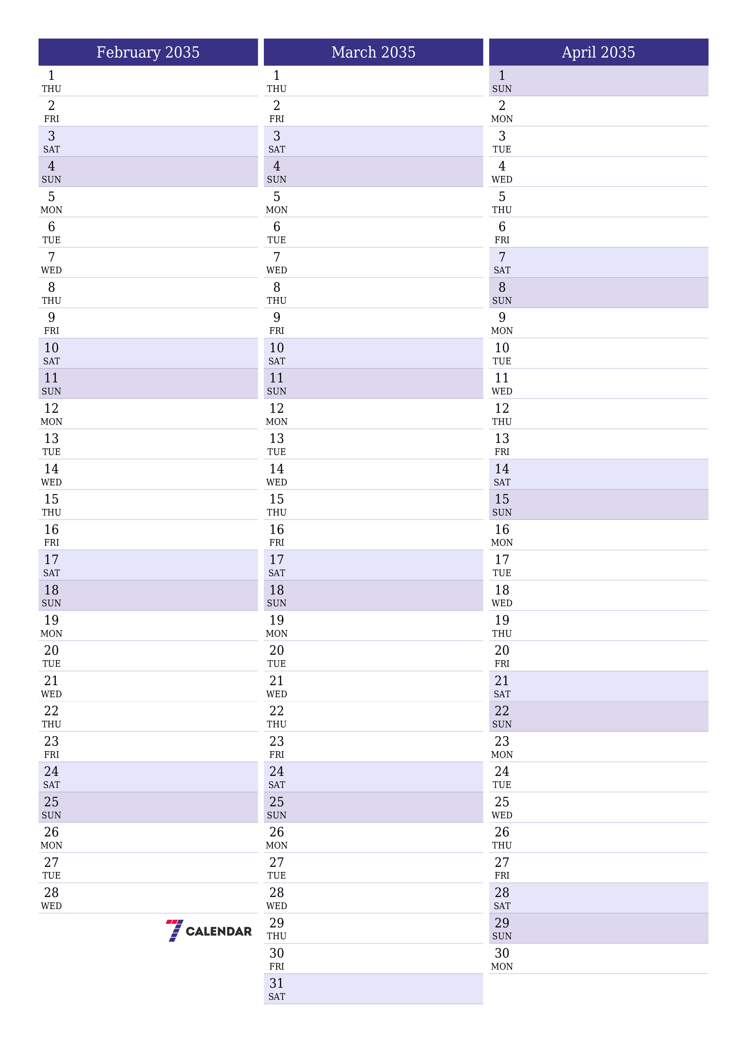 Blank calendar February 2035