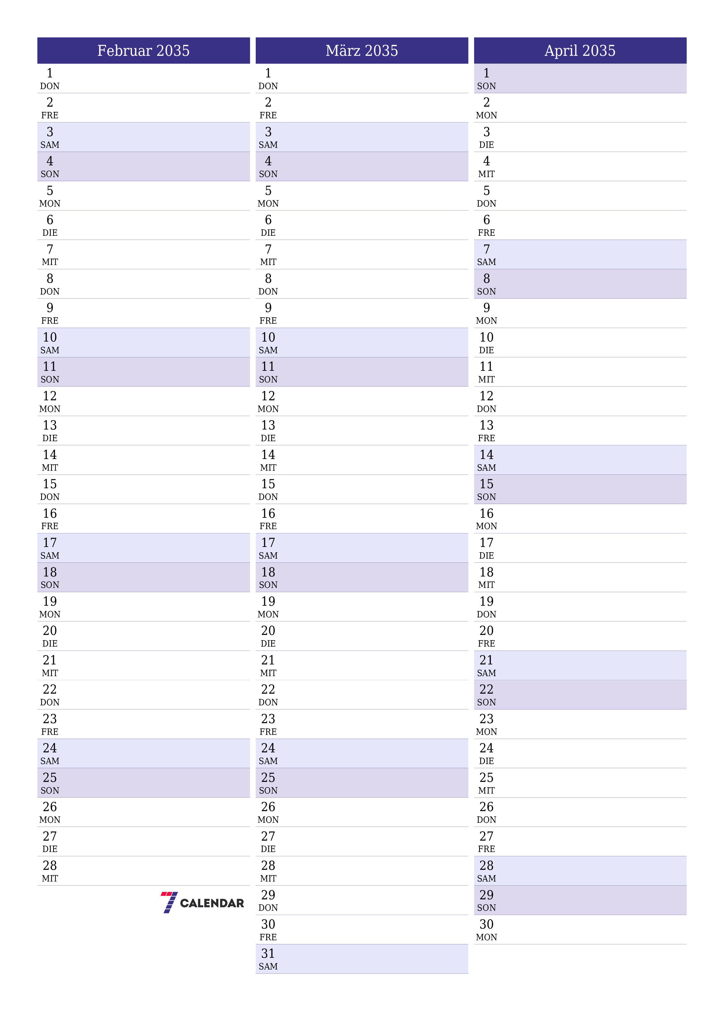  zum Ausdrucken Wandkalender vorlage kostenloser vertikal Monatlich Planer Kalender Februar (Feb) 2035
