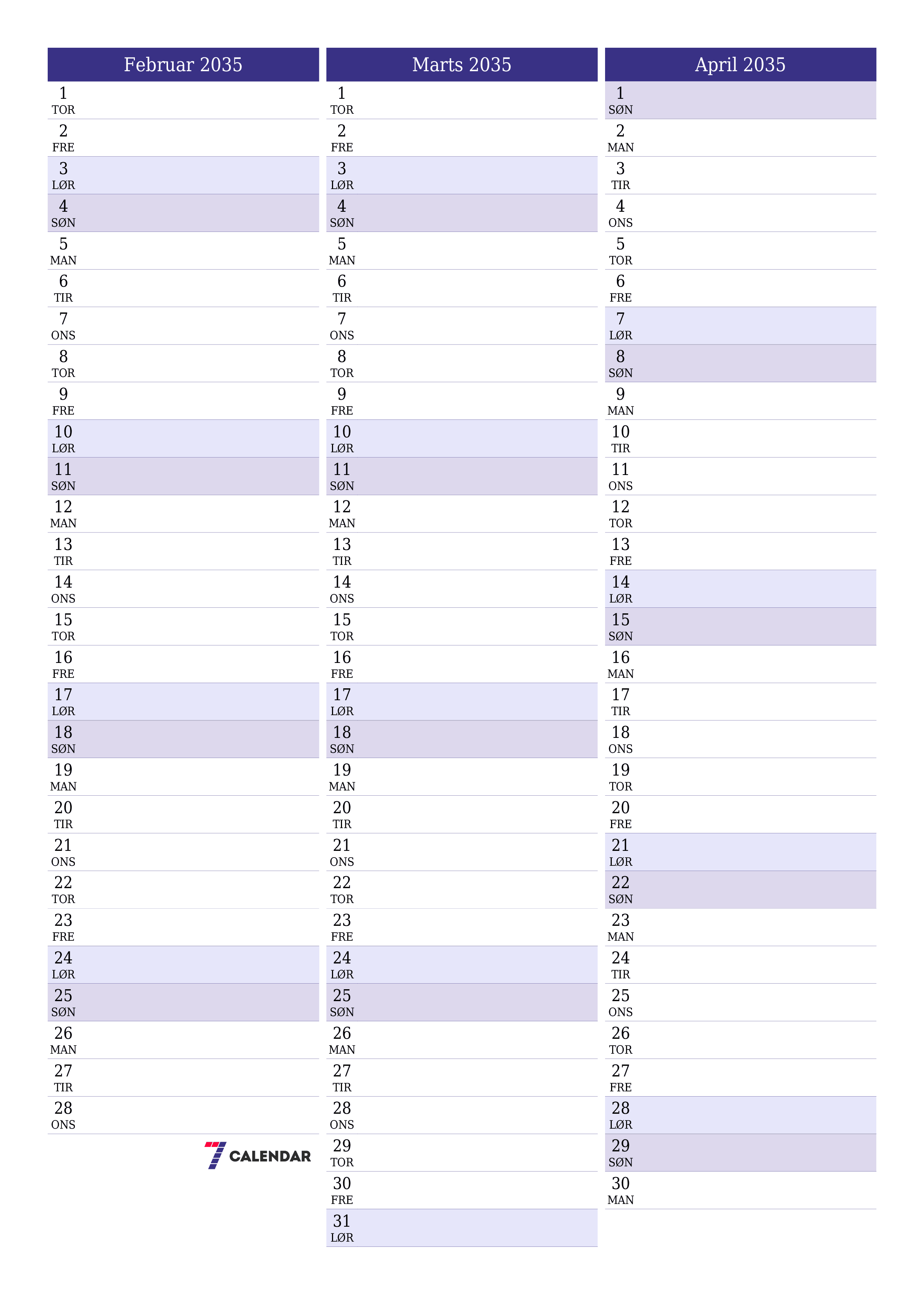 udskrivbar væg skabelon gratis lodret Månedlig planlægger kalender Februar (Feb) 2035
