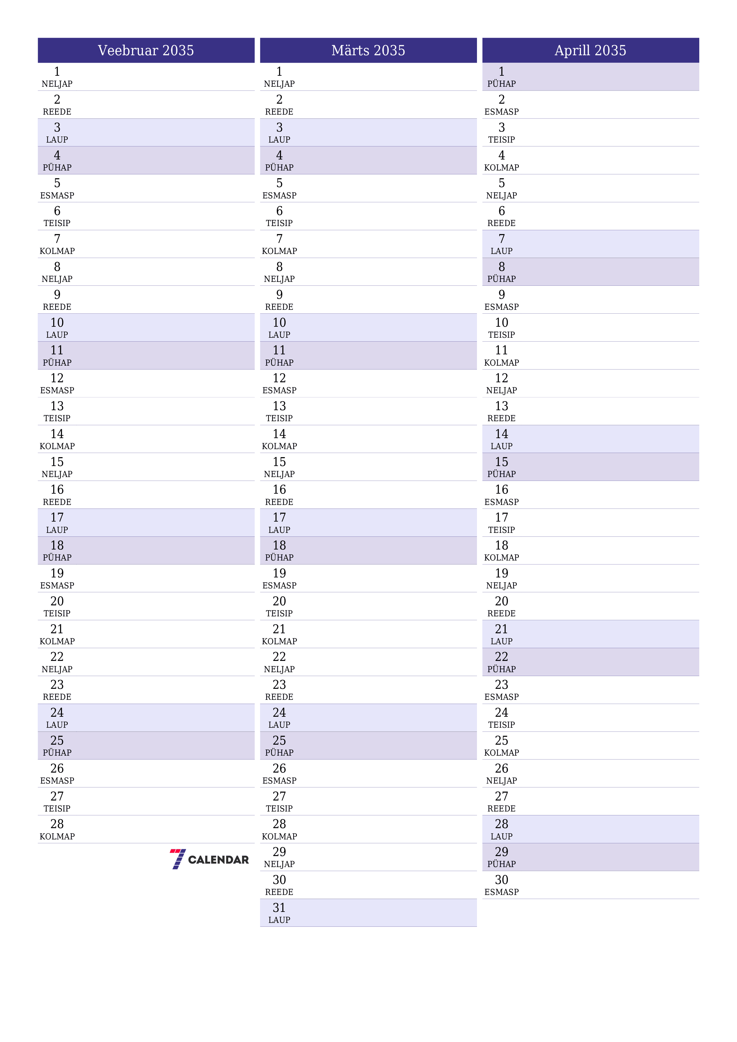 prinditav seina kalendri mall tasuta vertikaalne Igakuine planeerija kalender Veebruar (Veebr) 2035