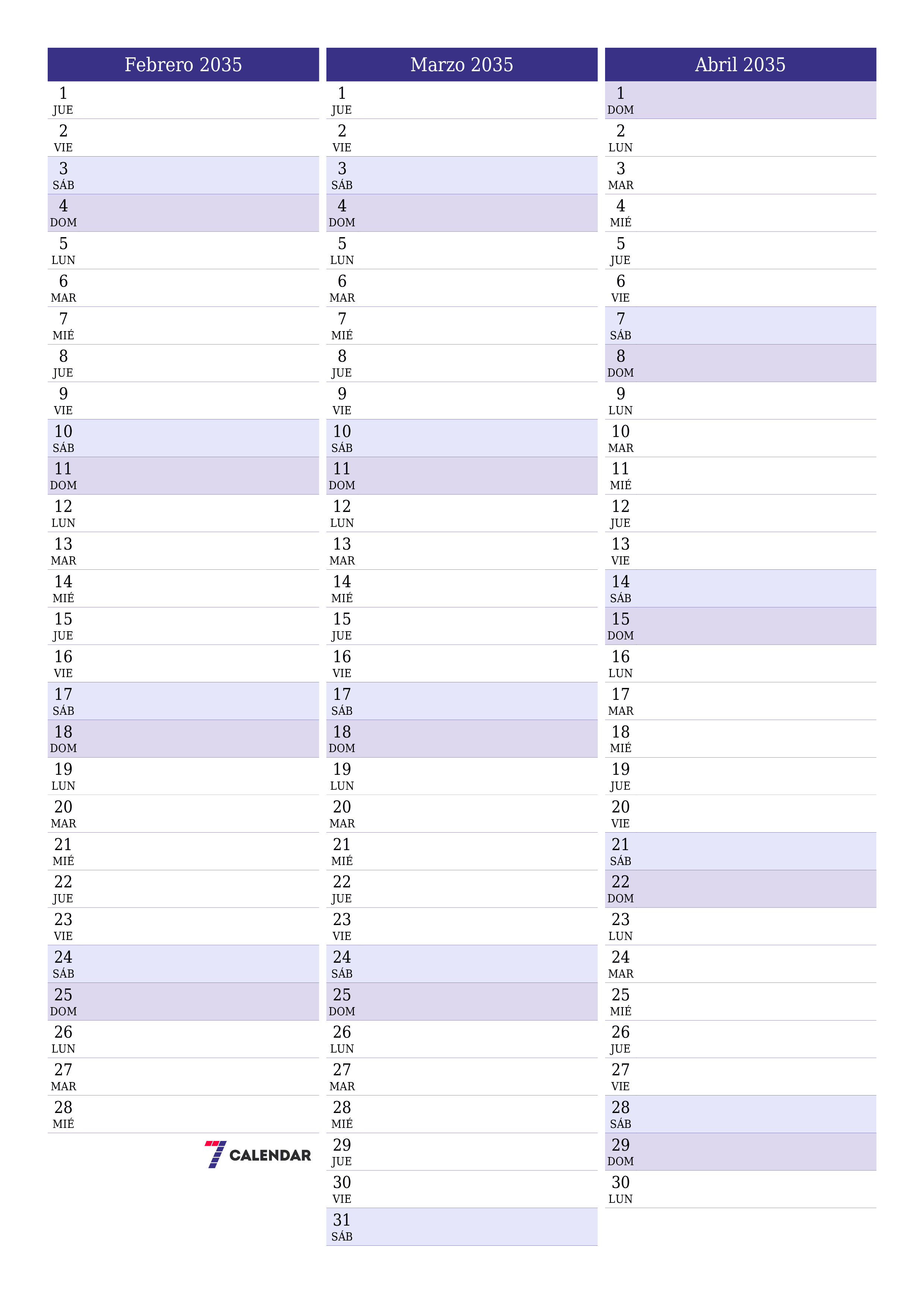  imprimible de pared plantilla de gratisvertical Mensual planificador calendario Febrero (Feb) 2035