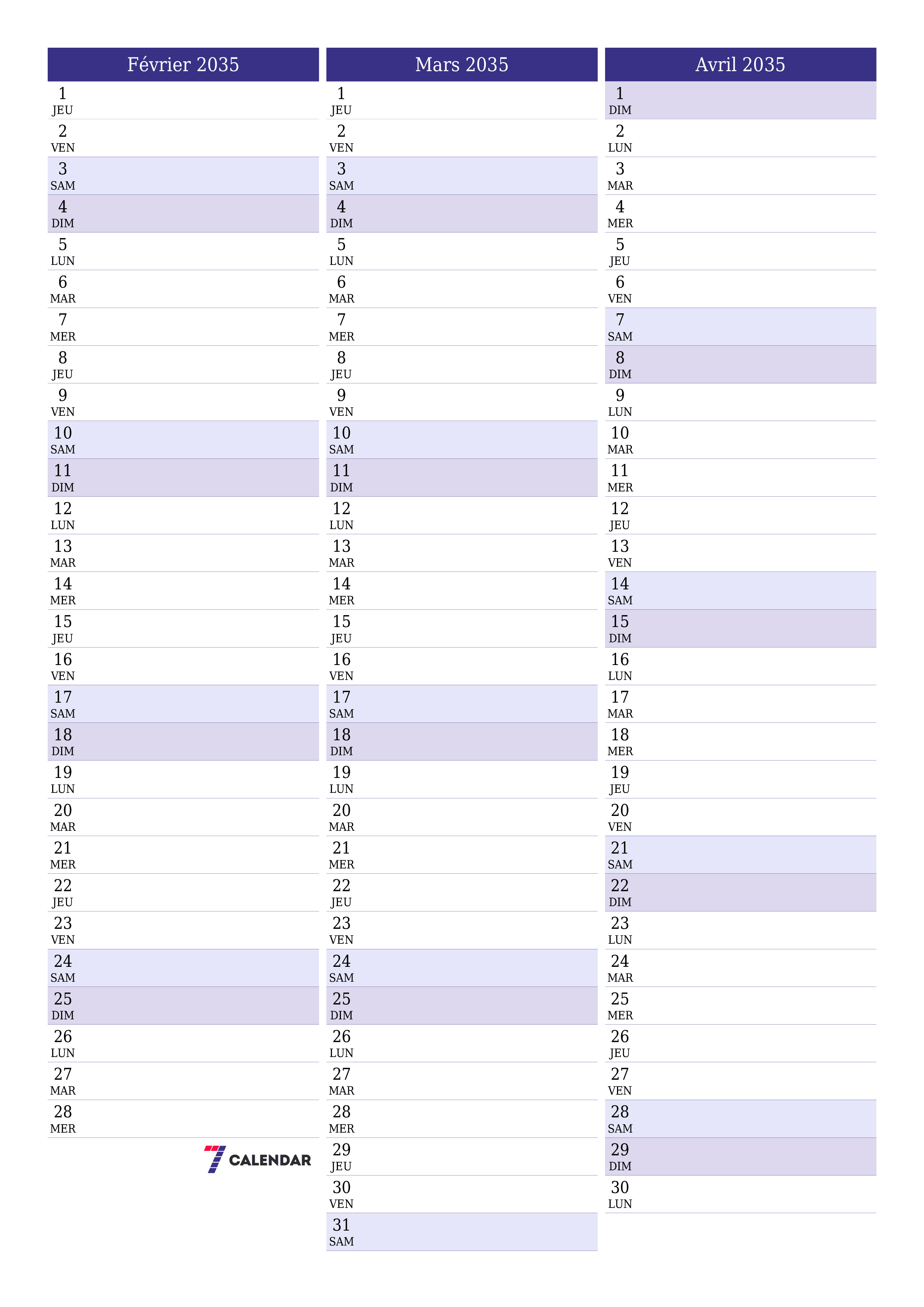  imprimable mural modèle de gratuitverticale Mensuel planificateur calendrier Février (Fév) 2035