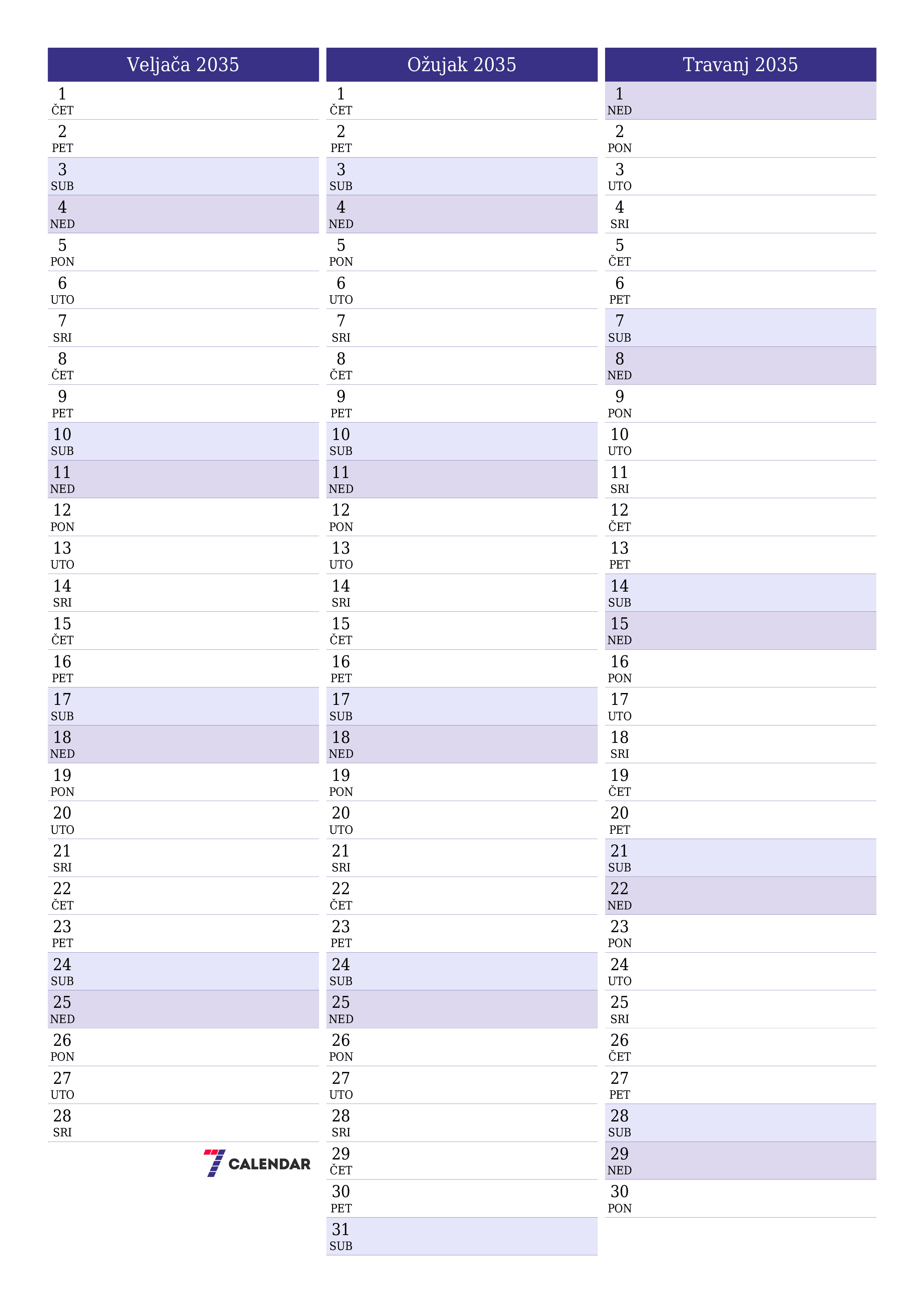  za ispis zidni predložak a besplatni okomito Mjesečni planer kalendar Veljača (Vel) 2035