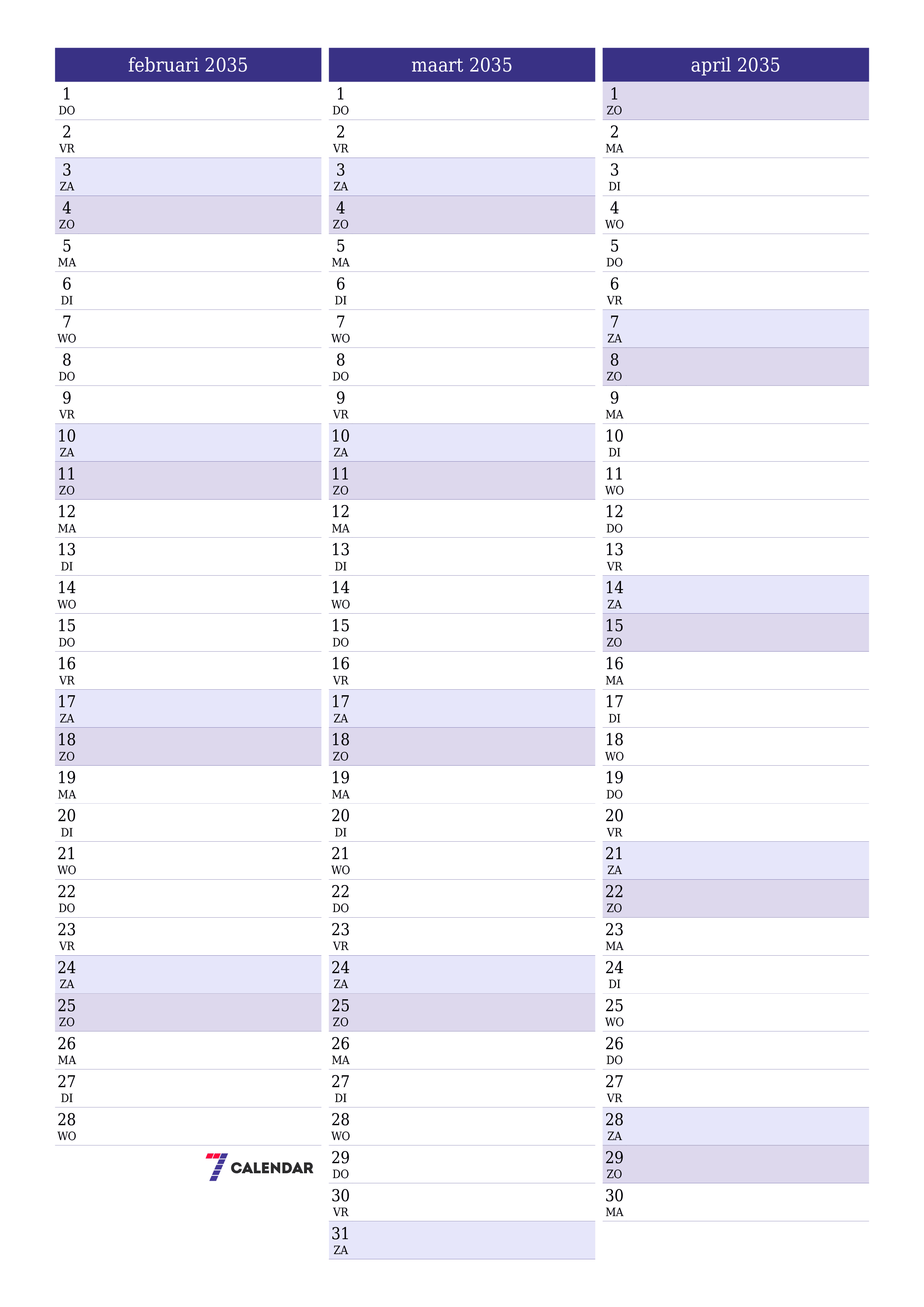 afdrukbare muur sjabloon gratis verticaal Maandelijks planner kalender februari (feb) 2035