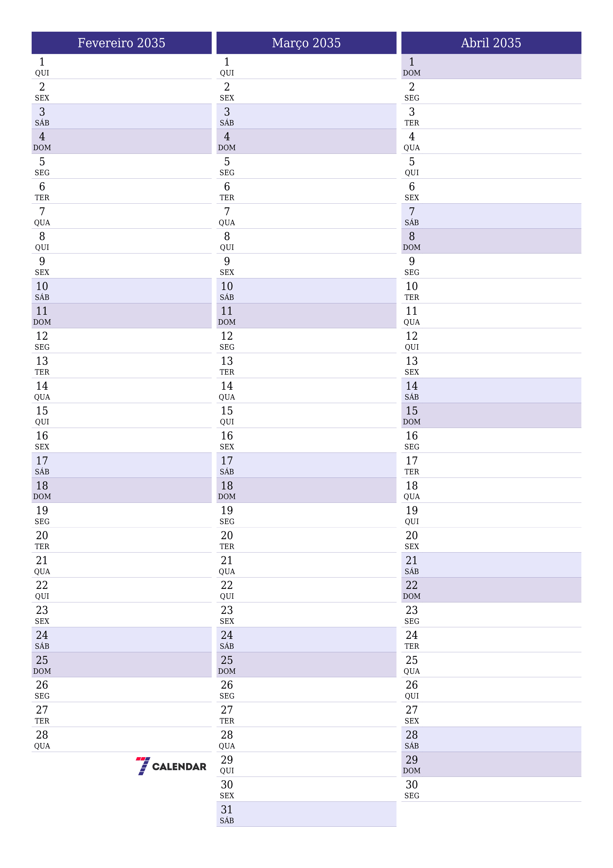  para impressão de parede modelo de grátisvertical Mensal planejador calendário Fevereiro (Fev) 2035