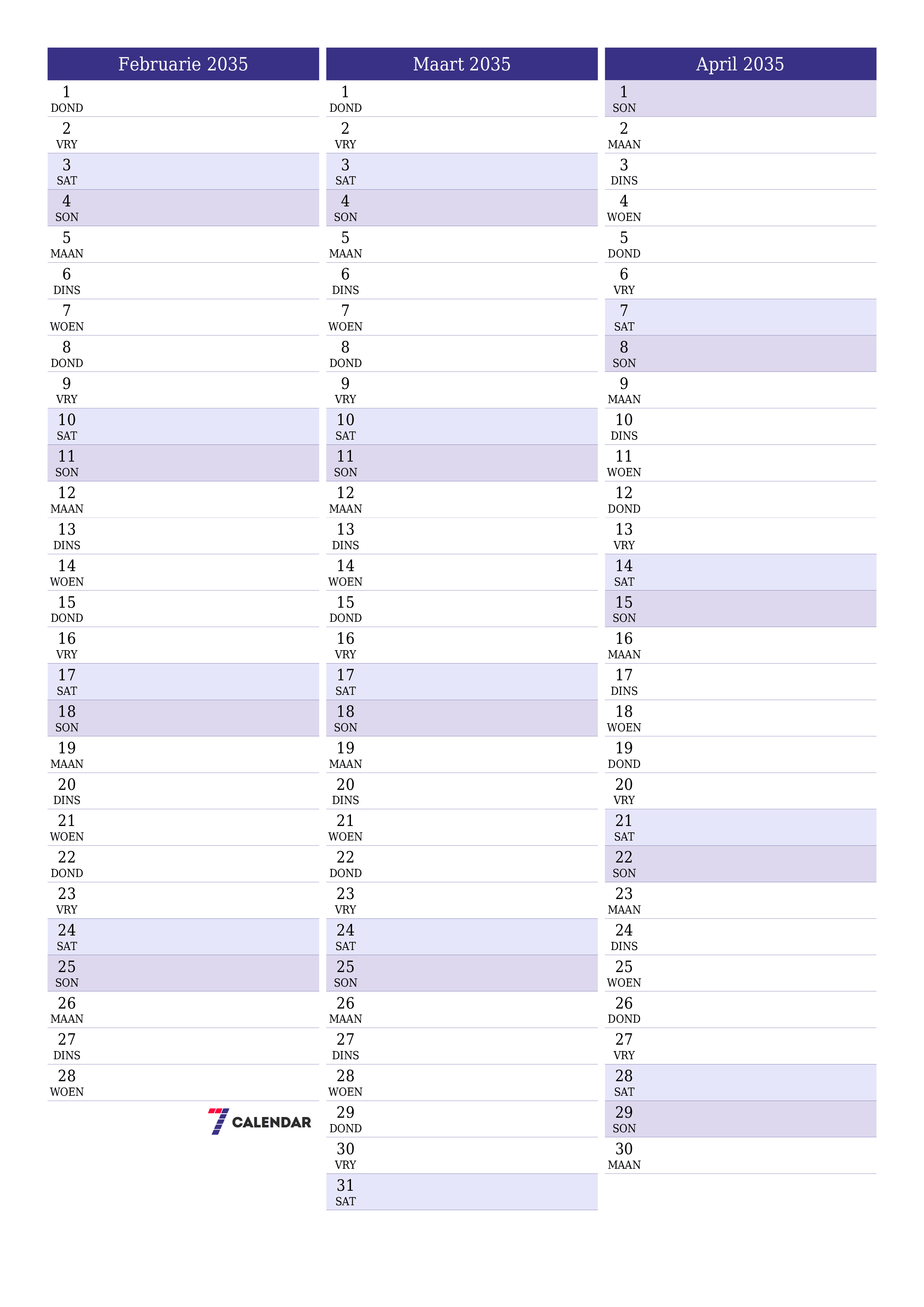 drukbare muur template gratis vertikaal Maandeliks beplanner kalender Februarie (Feb) 2035