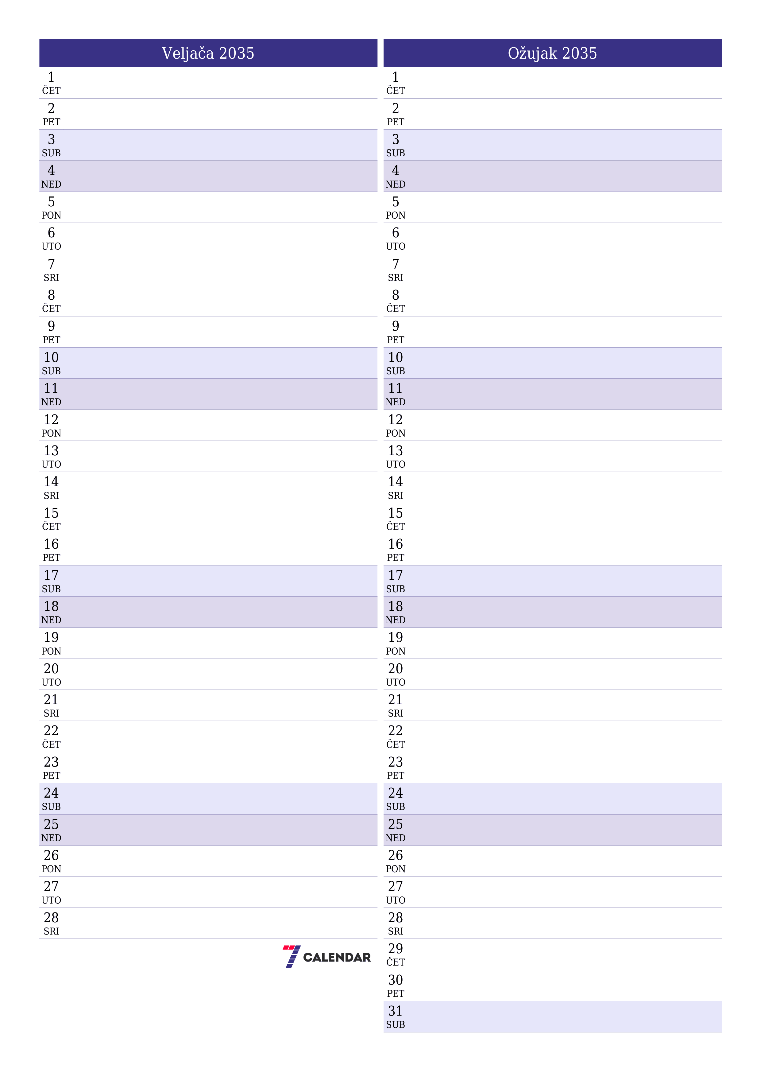  za ispis zidni predložak a besplatni okomito Mjesečni planer kalendar Veljača (Vel) 2035