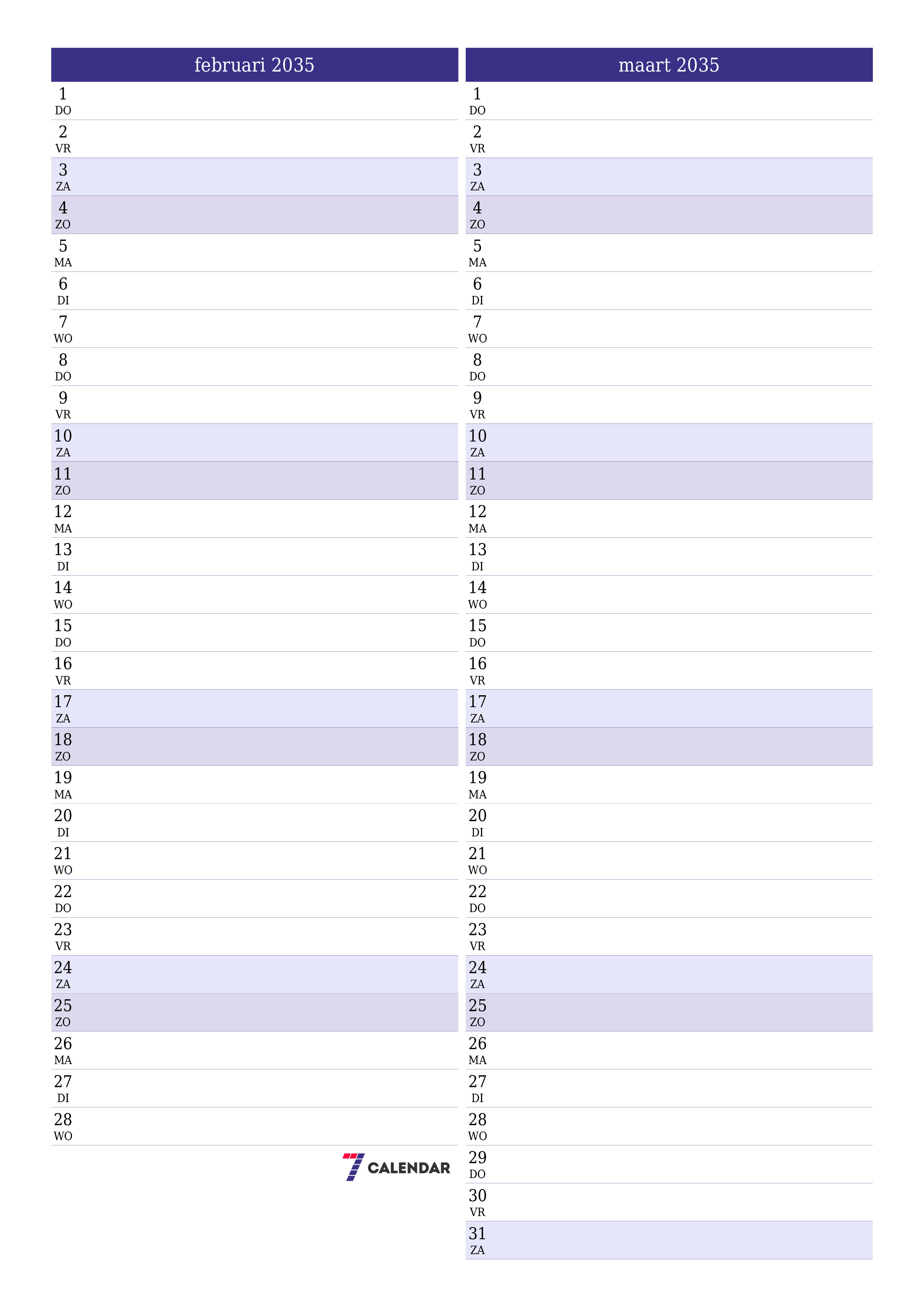 afdrukbare muur sjabloon gratis verticaal Maandelijks planner kalender februari (feb) 2035