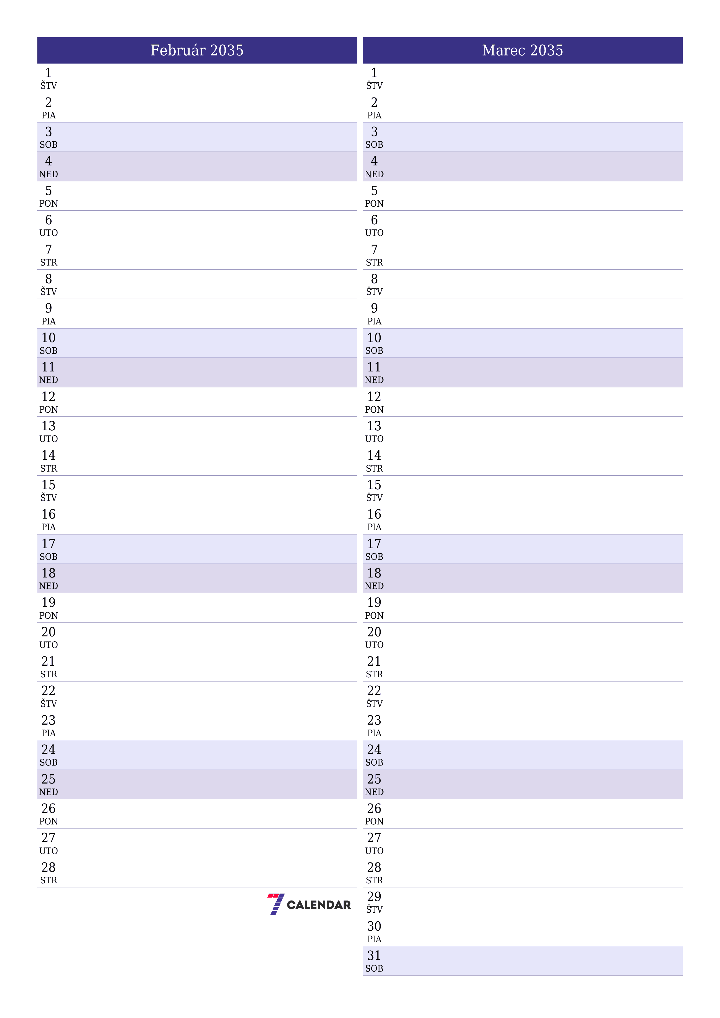 vytlačiteľný nástenný šablóna a bezplatný вертикальный Mesačne plánovač kalendár Február (Feb) 2035
