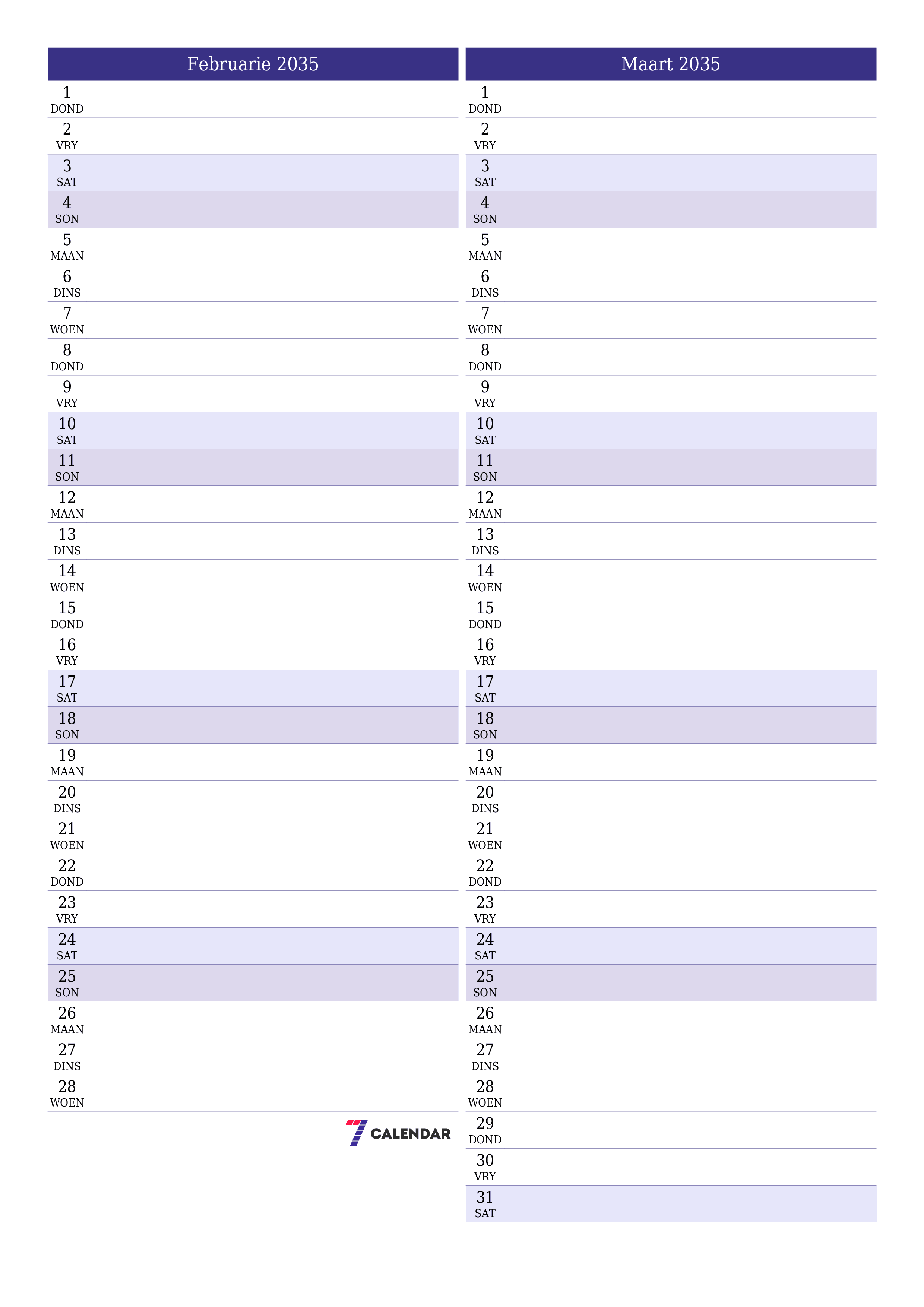 drukbare muur template gratis vertikaal Maandeliks beplanner kalender Februarie (Feb) 2035