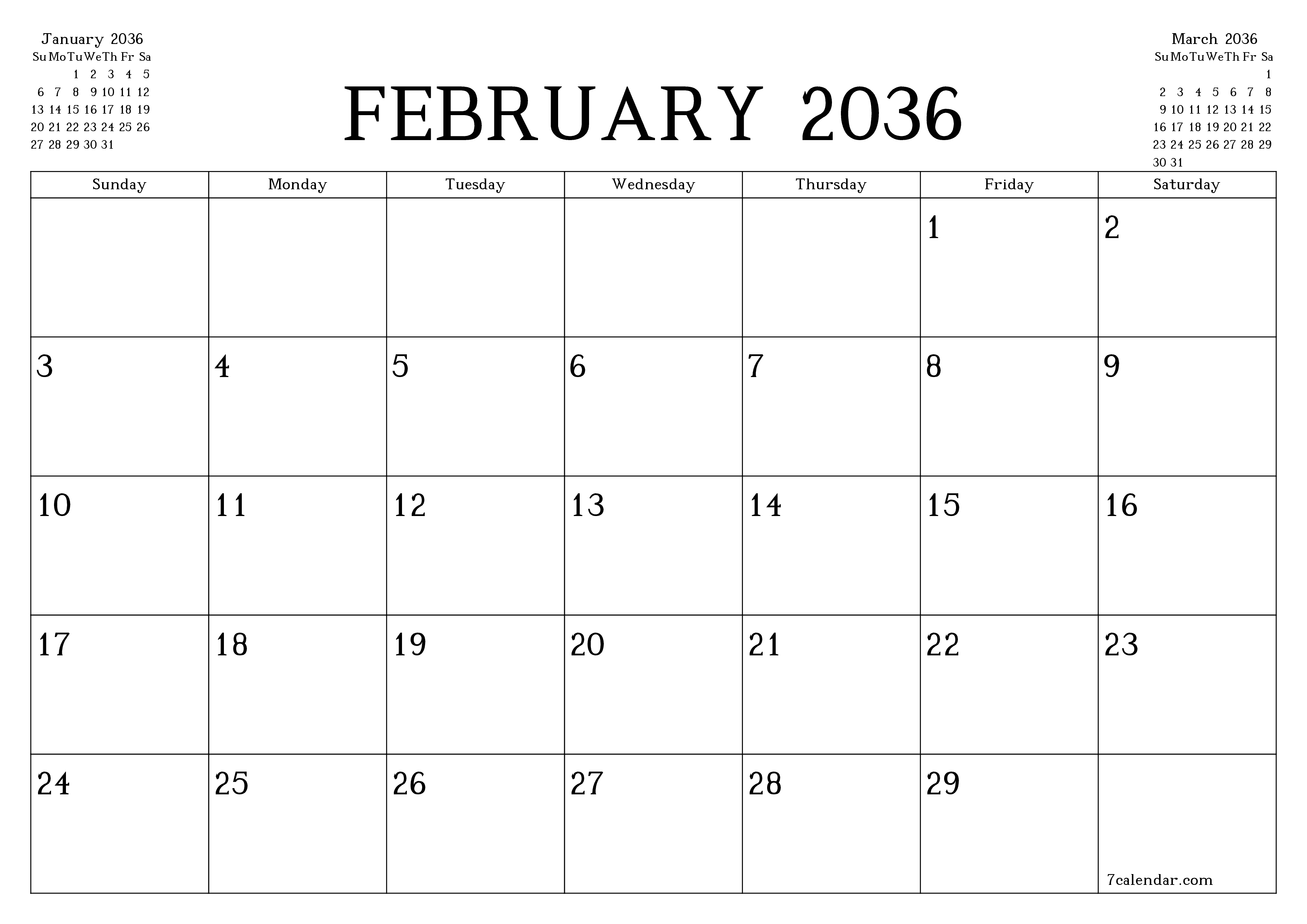 Blank calendar February 2036