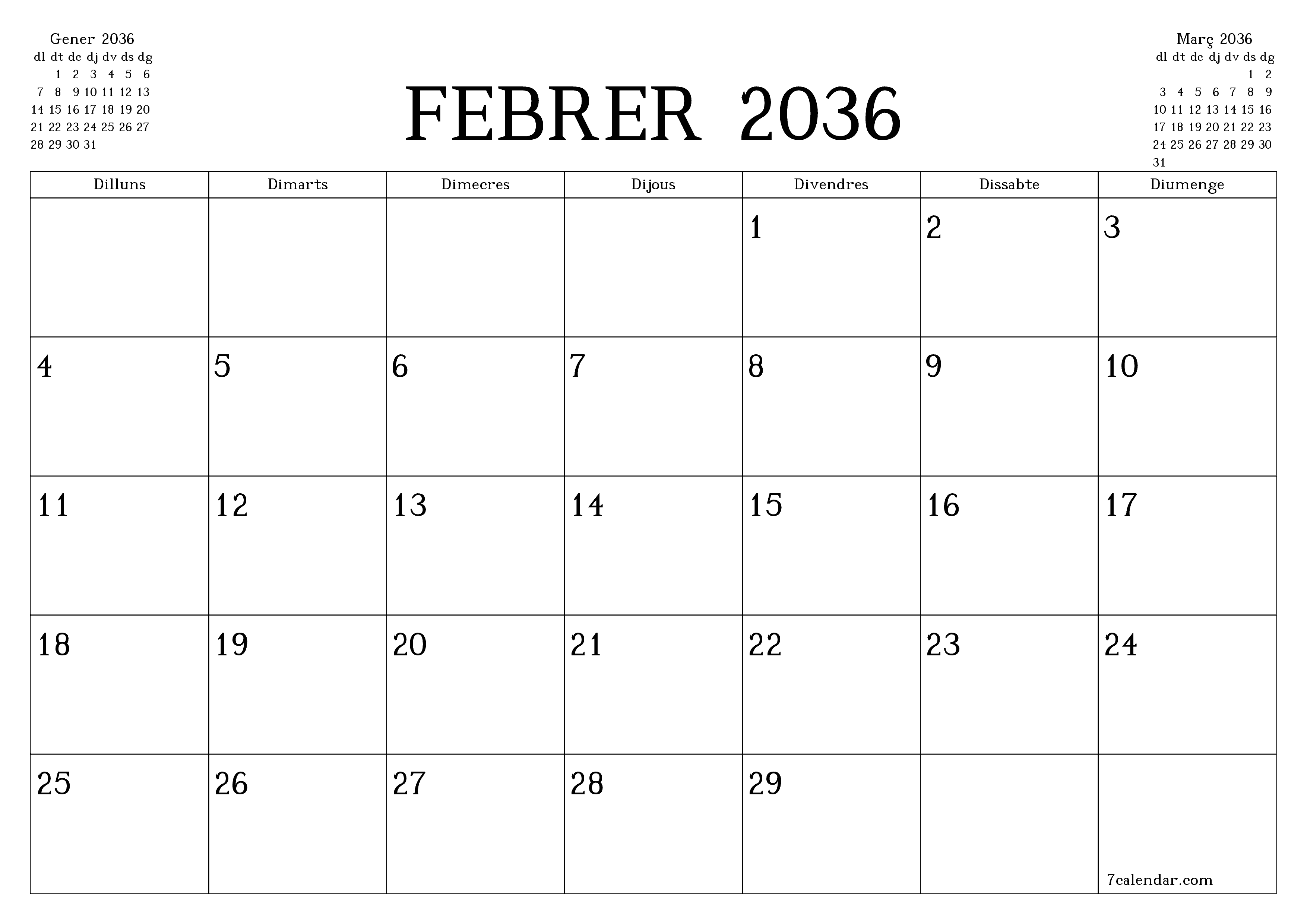 Planificador mensual buit del mes Febrer 2036 amb notes, deseu-lo i imprimiu-lo en format PDF PNG Catalan