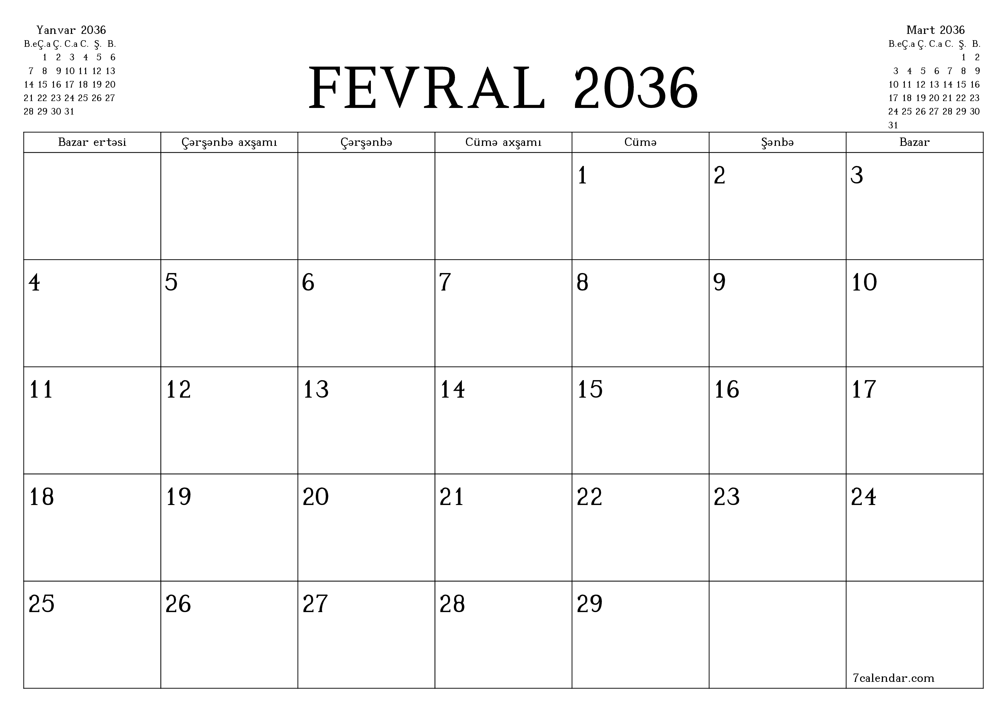Fevral 2036 ayı üçün qeydlər ilə boş aylıq planlayıcı, qeyd edin və PDF-ə yazdırın PNG Azerbaijani