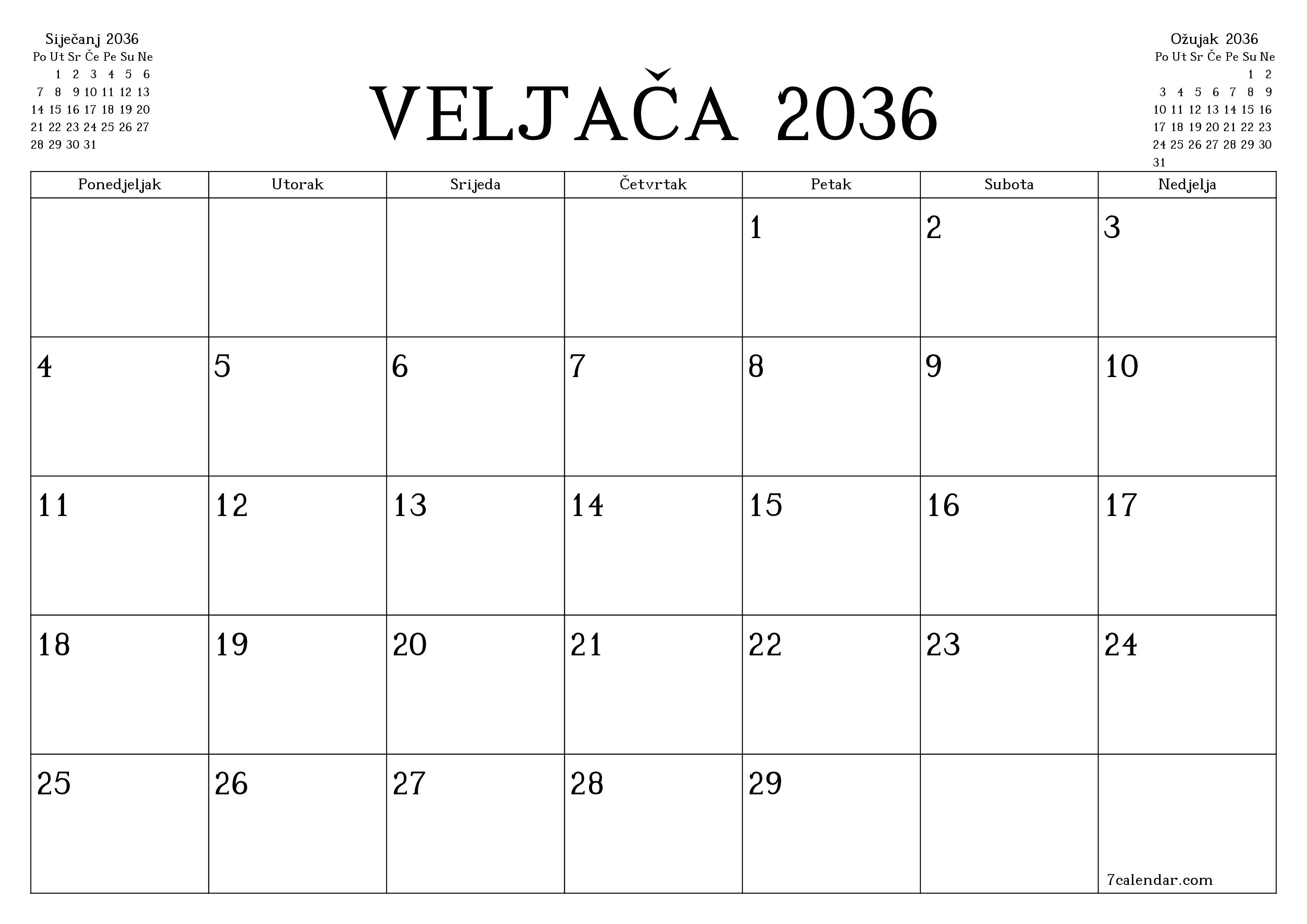 Ispraznite mjesečni planer za mjesec Veljača 2036 s bilješkama, spremite i ispišite u PDF PNG Croatian