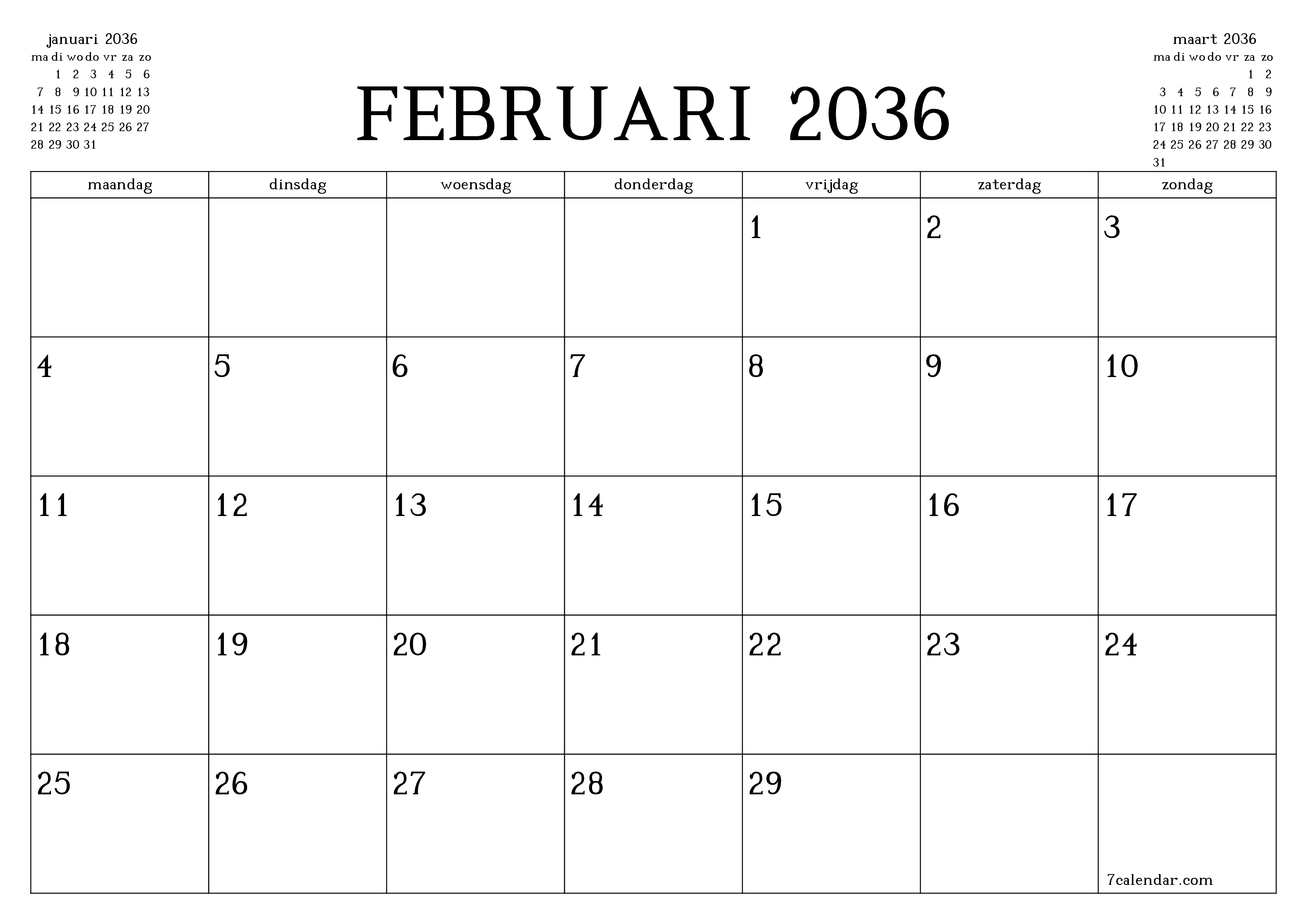 Lege maandplanner voor maand februari 2036 met notities, opslaan en afdrukken naar pdf PNG Dutch