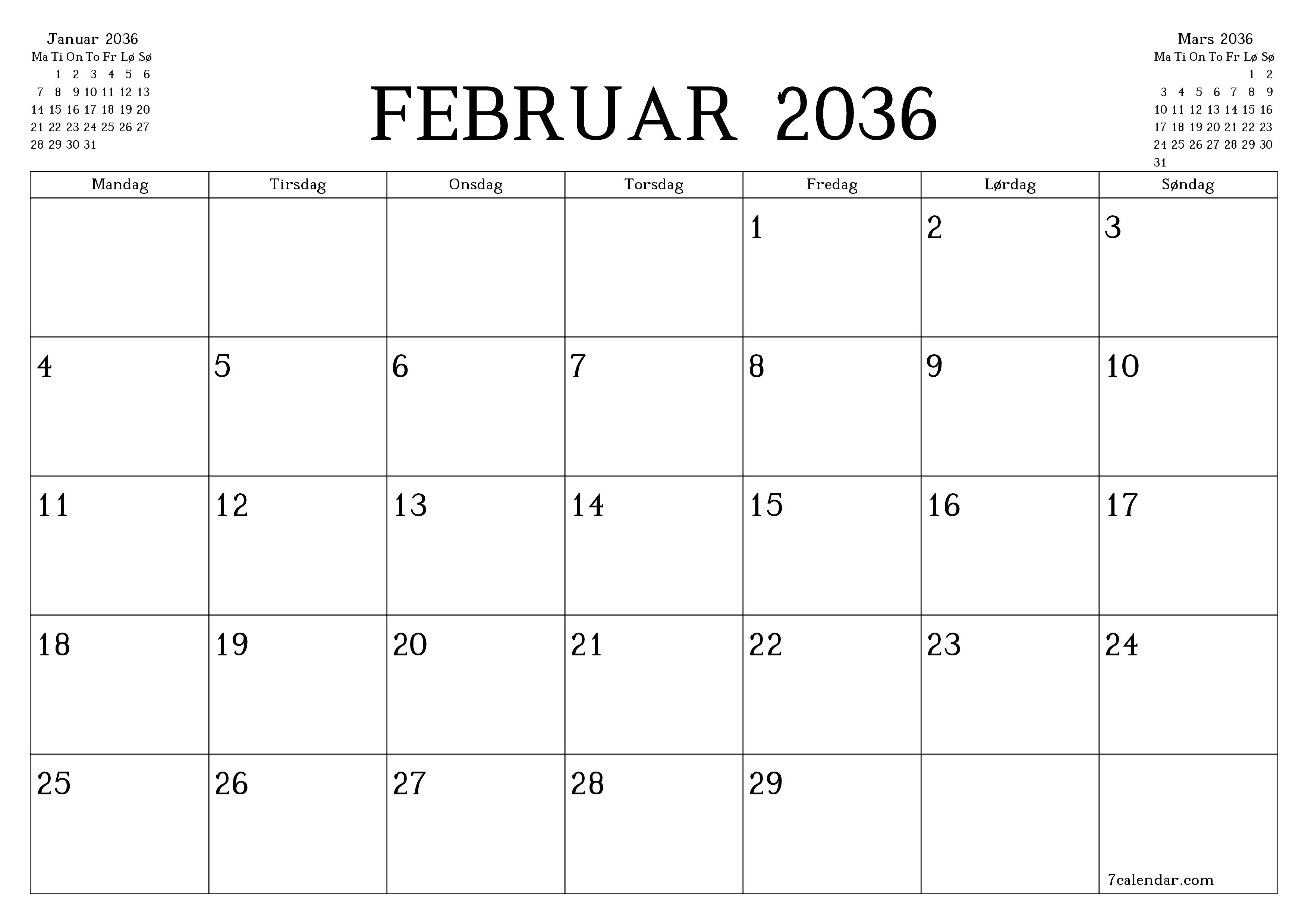 Tom månedlig planlegger for måned Februar 2036 med notater, lagre og skriv ut til PDF PNG Norwegian