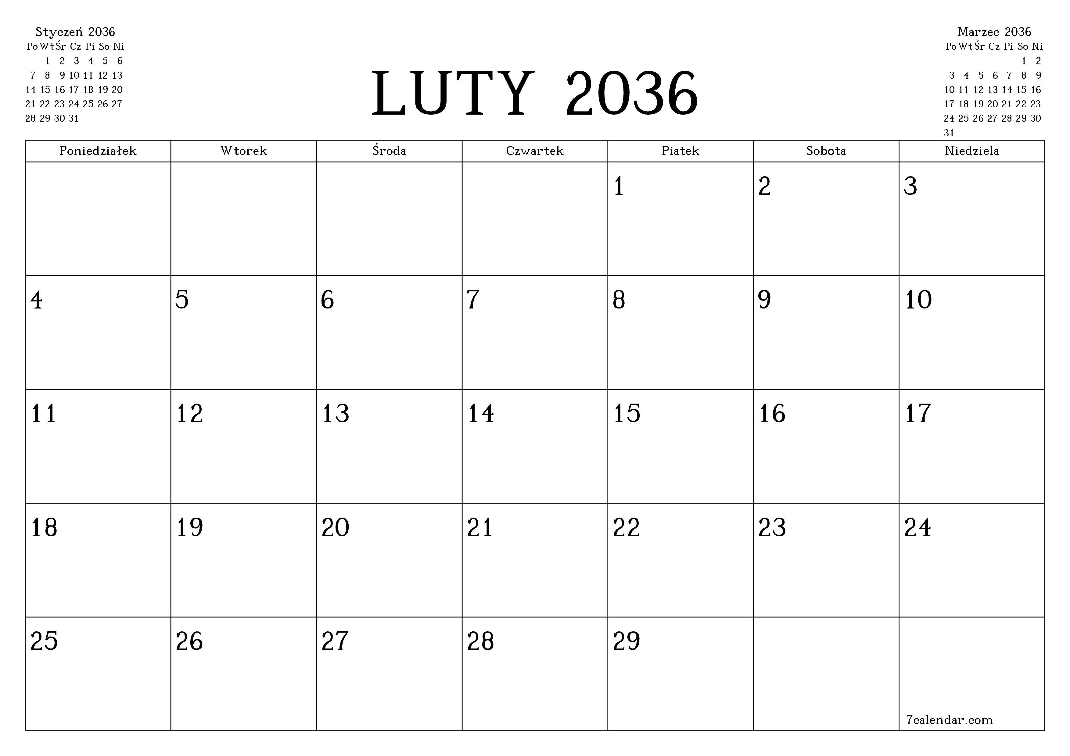 Opróżnij miesięczny planer na miesiąc Luty 2036 z notatkami, zapisz i wydrukuj w formacie PDF PNG Polish