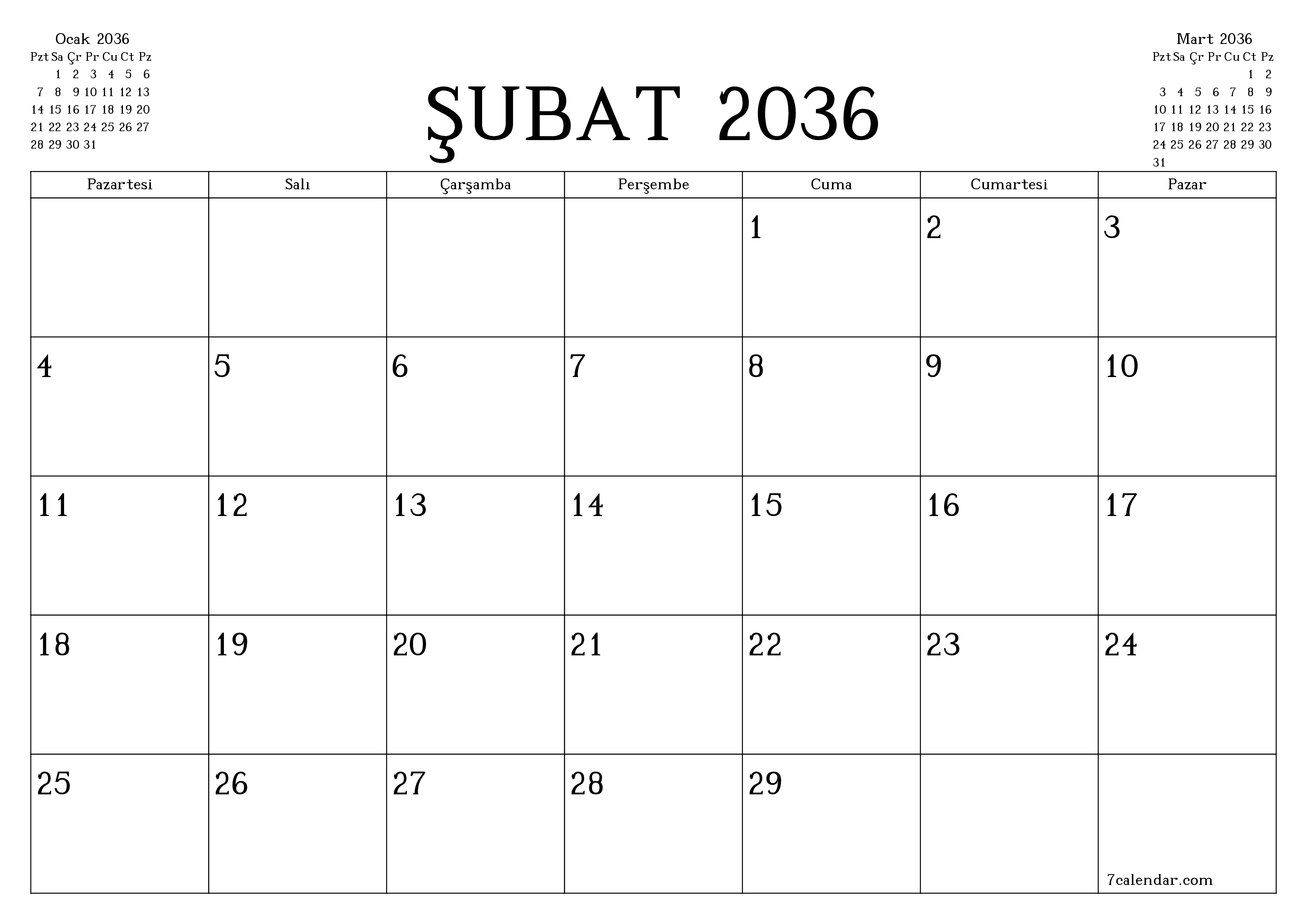 Şubat 2036 ayı için notlarla birlikte boş aylık planlayıcı, kaydedin ve PDF'ye yazdırın PNG Turkish