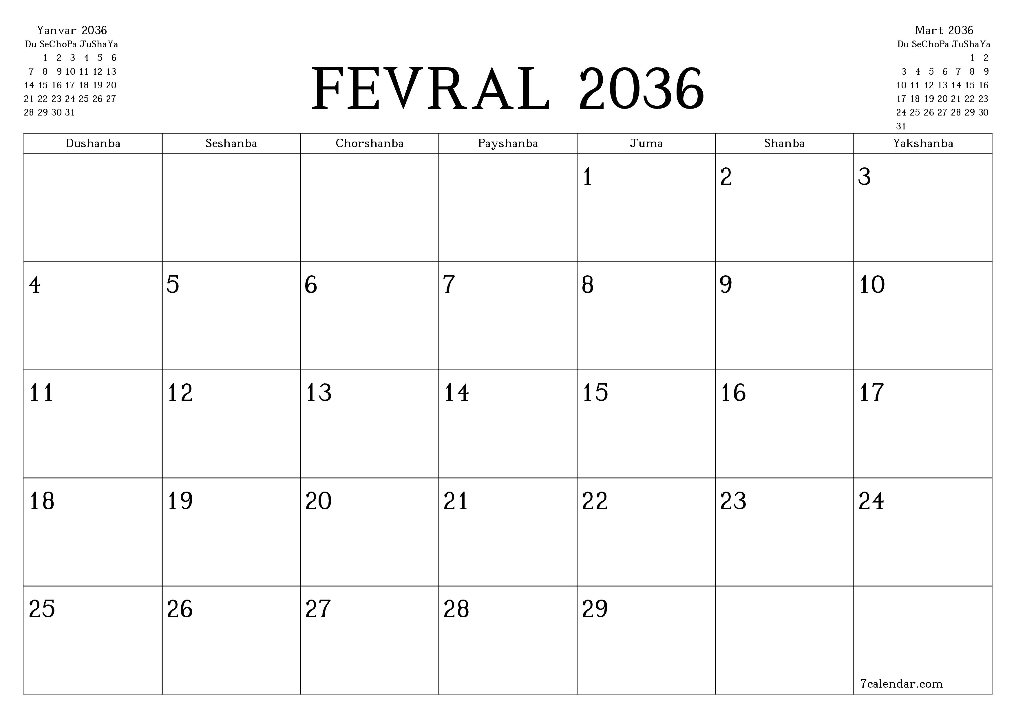 Fevral 2036 oylik oylik rejalashtiruvchini yozuvlar bilan bo'shatish, saqlash va PDF-ga chop etish PNG Uzbek