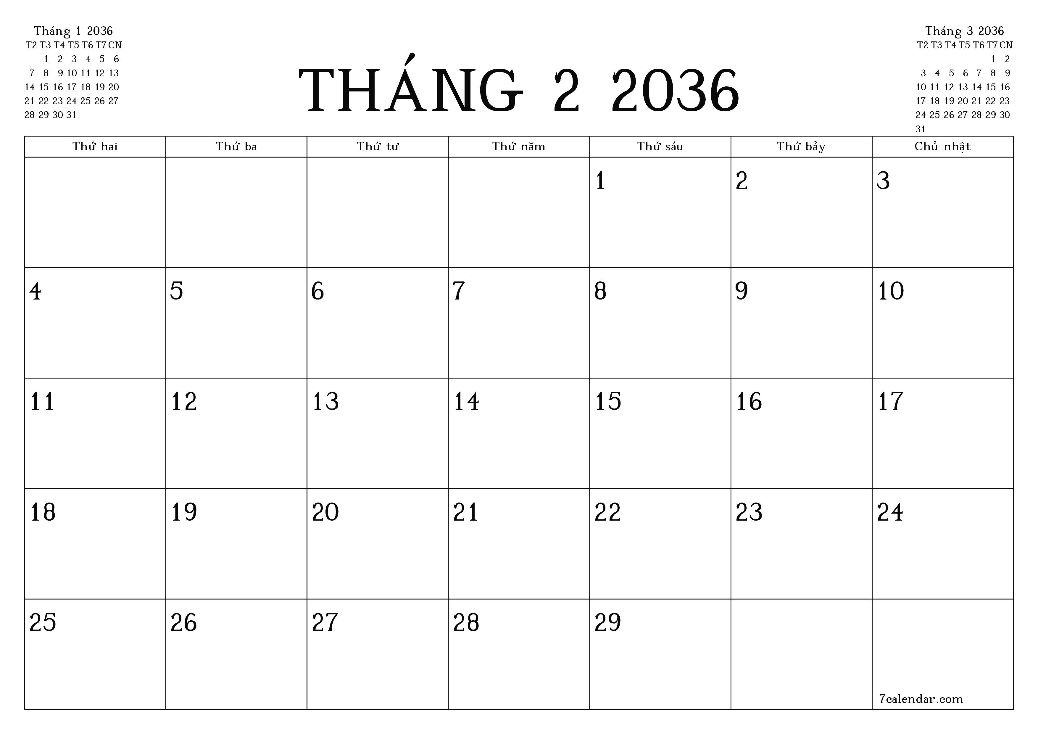 Công cụ lập kế hoạch hàng tháng trống cho tháng Tháng 2 2036 có ghi chú, lưu và in sang PDF PNG Vietnamese