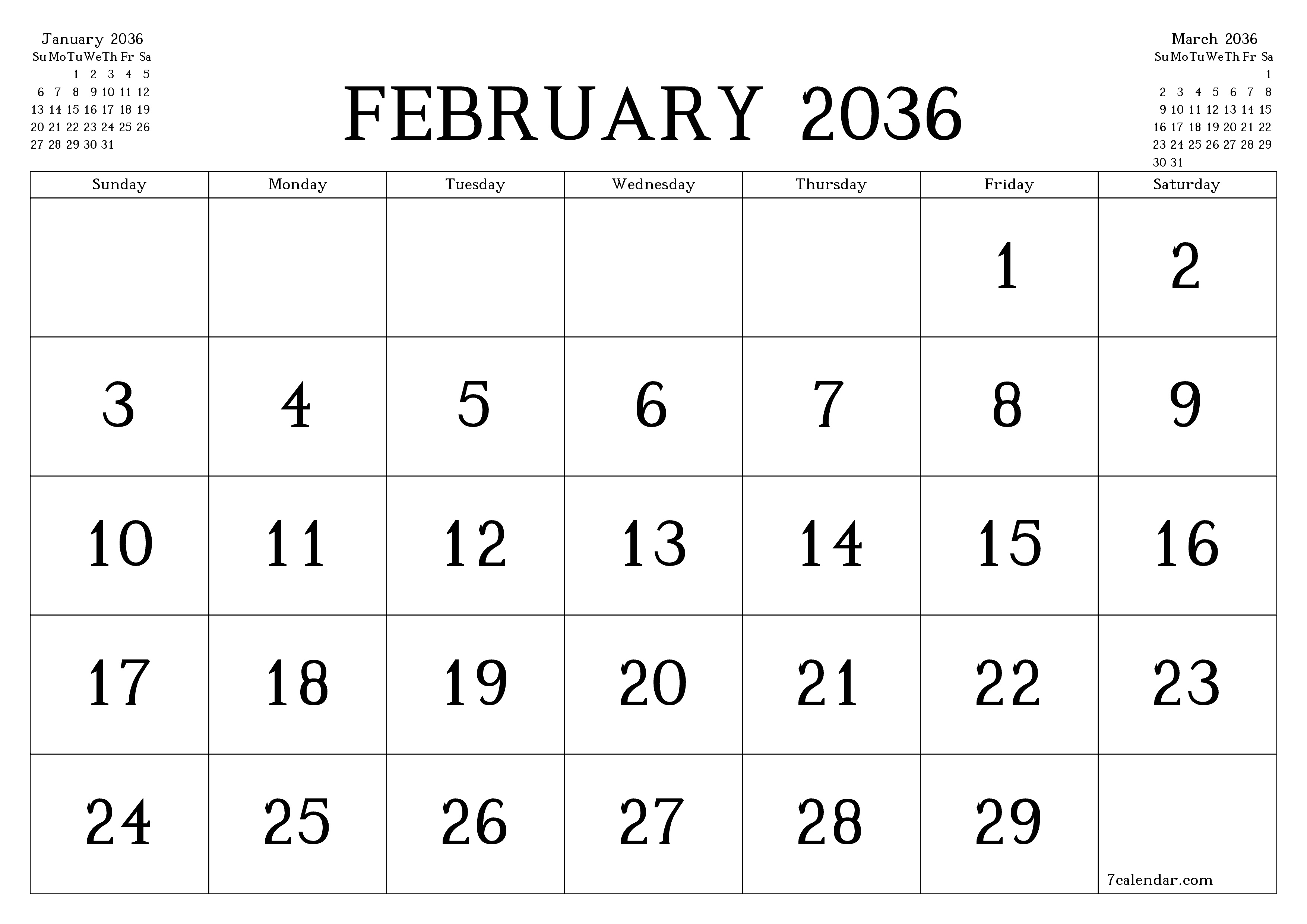 Blank calendar February 2036