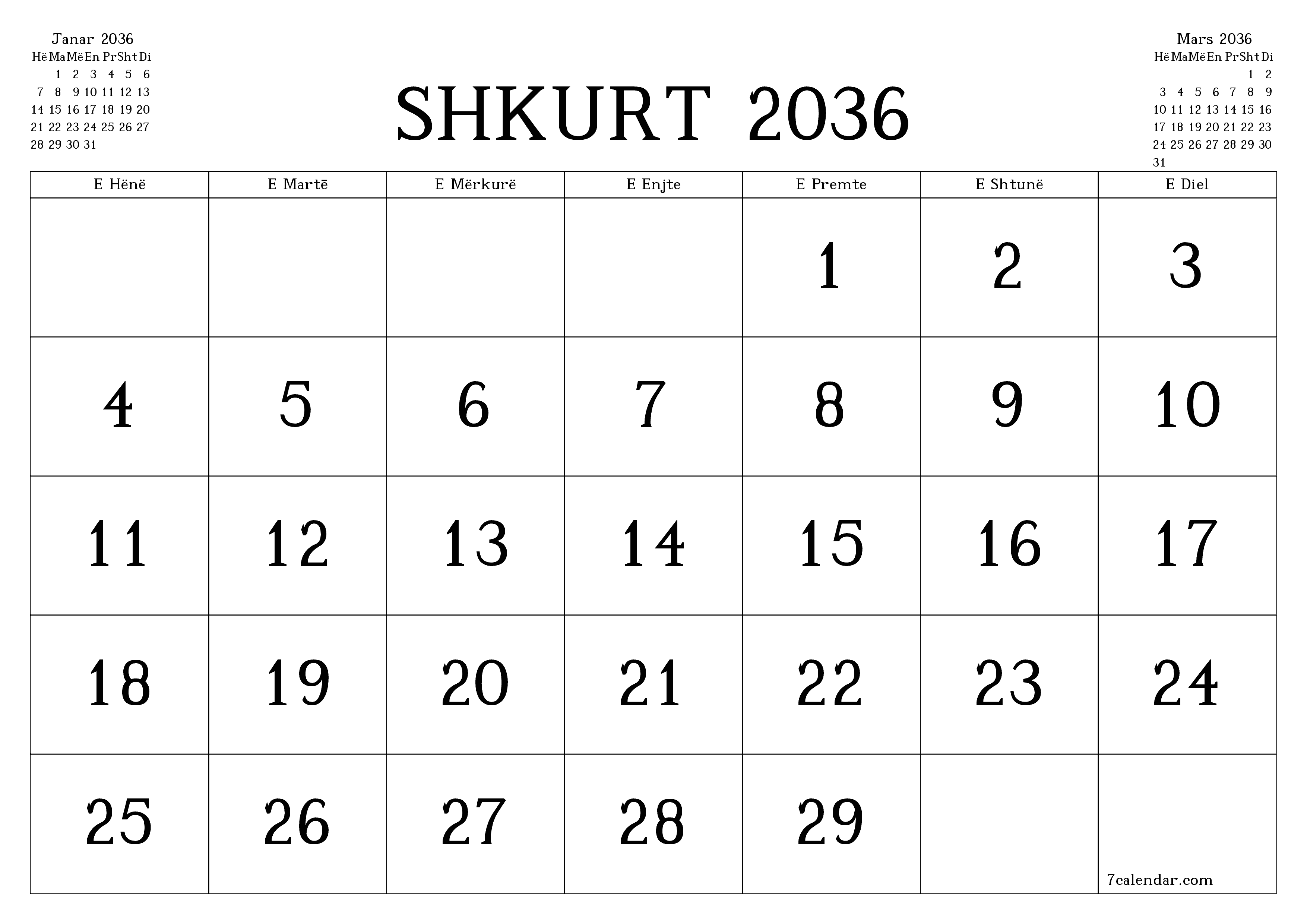 Planifikuesi i zbrazët i kalendarit mujor për muajin Shkurt 2036 me shënime të ruajtura dhe të printuara në PDF PNG Albanian