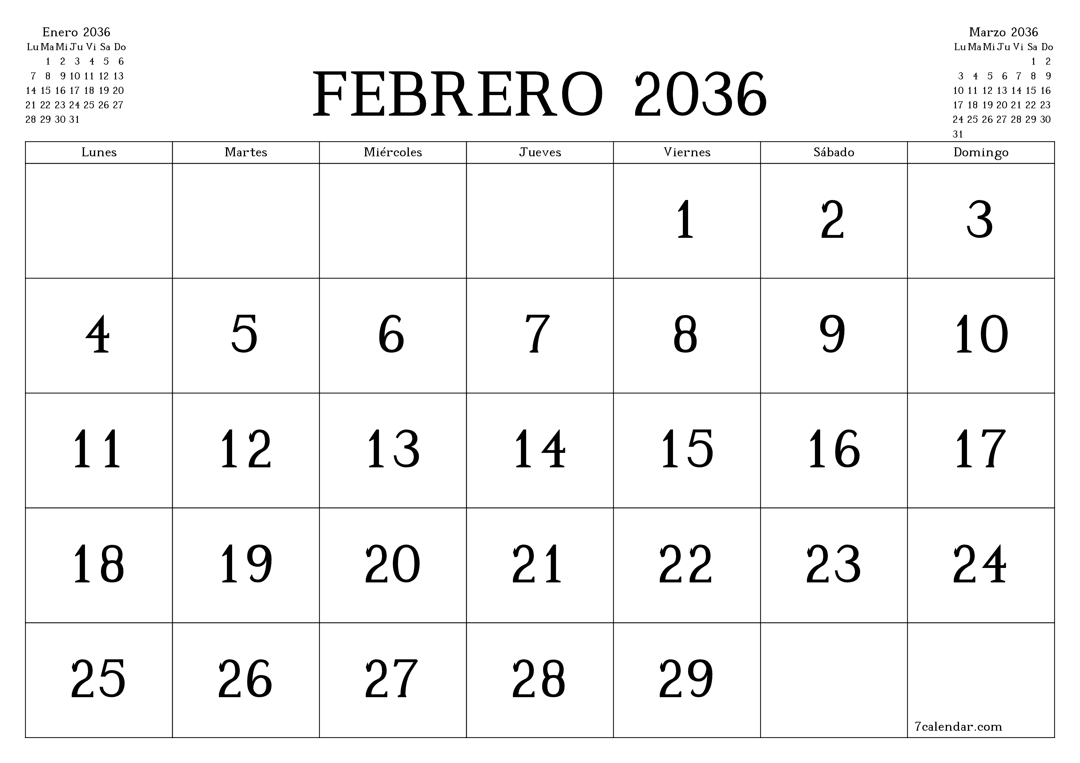 Planificador mensual vacío para el mes Febrero 2036 con notas, guardar e imprimir en PDF PNG Spanish