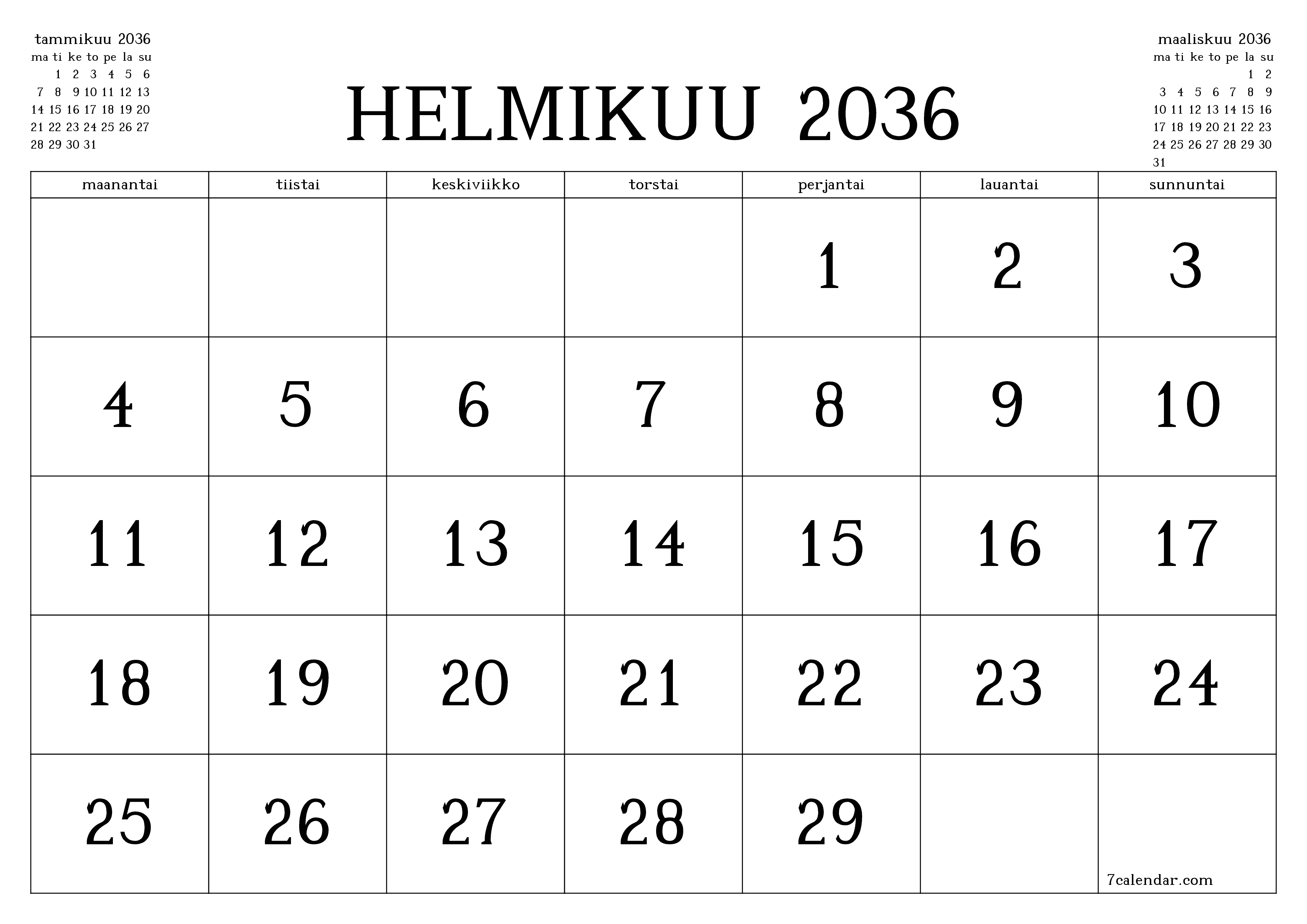 Tyhjennä kuukausittainen suunnittelija kuukaudelle Helmikuu 2036 muistiinpanoilla, tallenna ja tulosta PDF-muotoon PNG Finnish