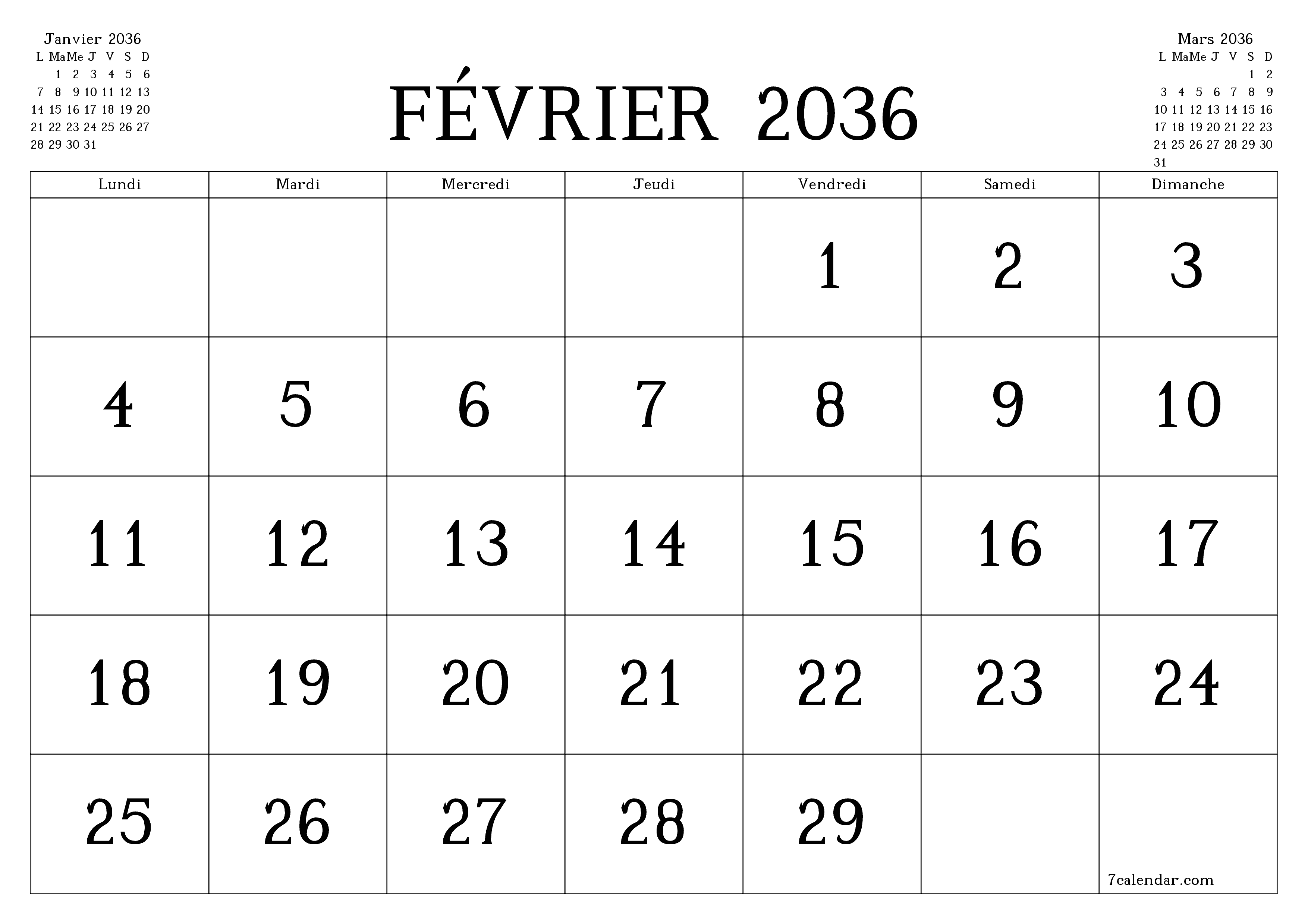 Agenda mensuel vide pour le mois Février 2036 avec notes, enregistrez et imprimez au format PDF PNG French