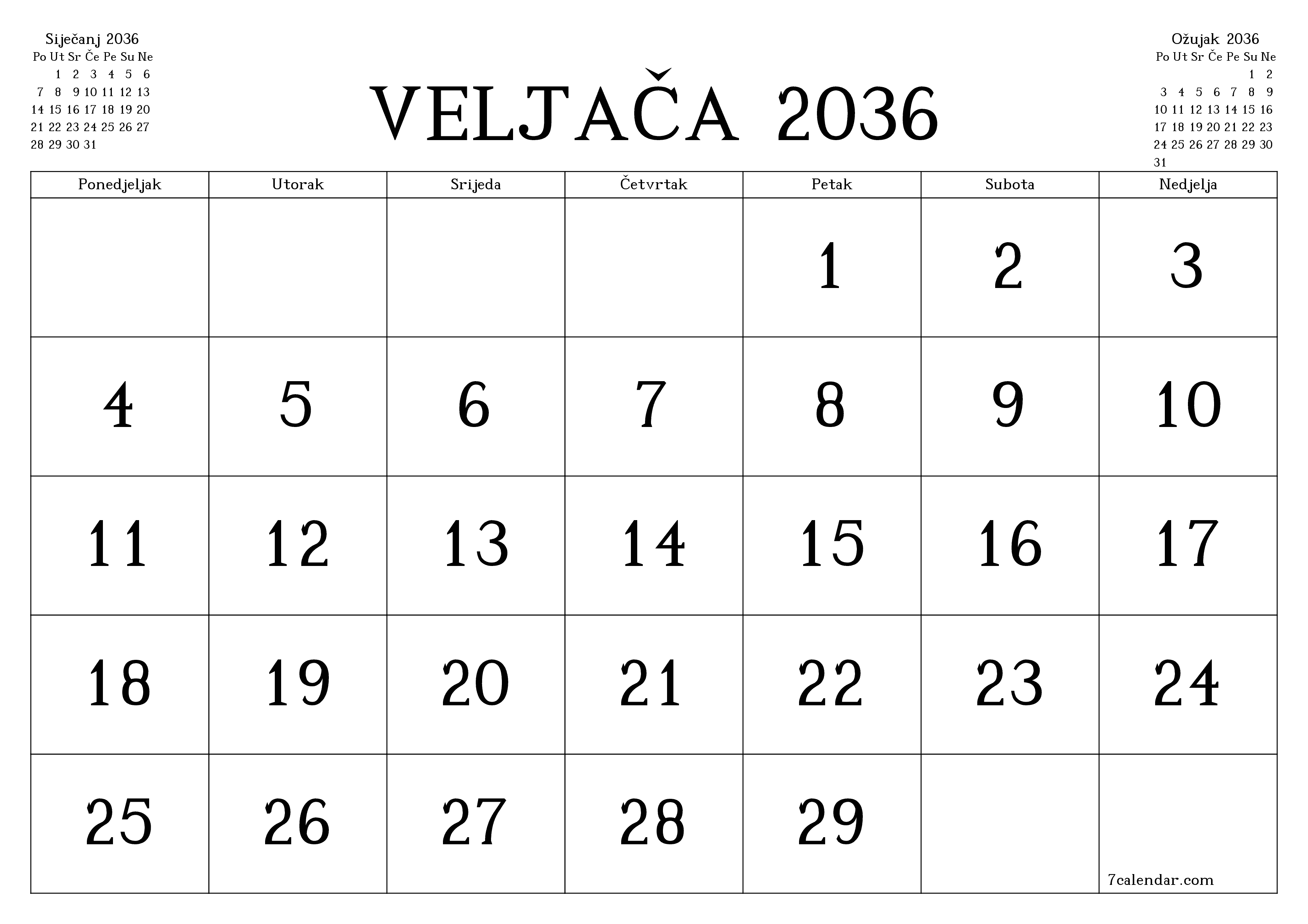 Ispraznite mjesečni planer za mjesec Veljača 2036 s bilješkama, spremite i ispišite u PDF PNG Croatian