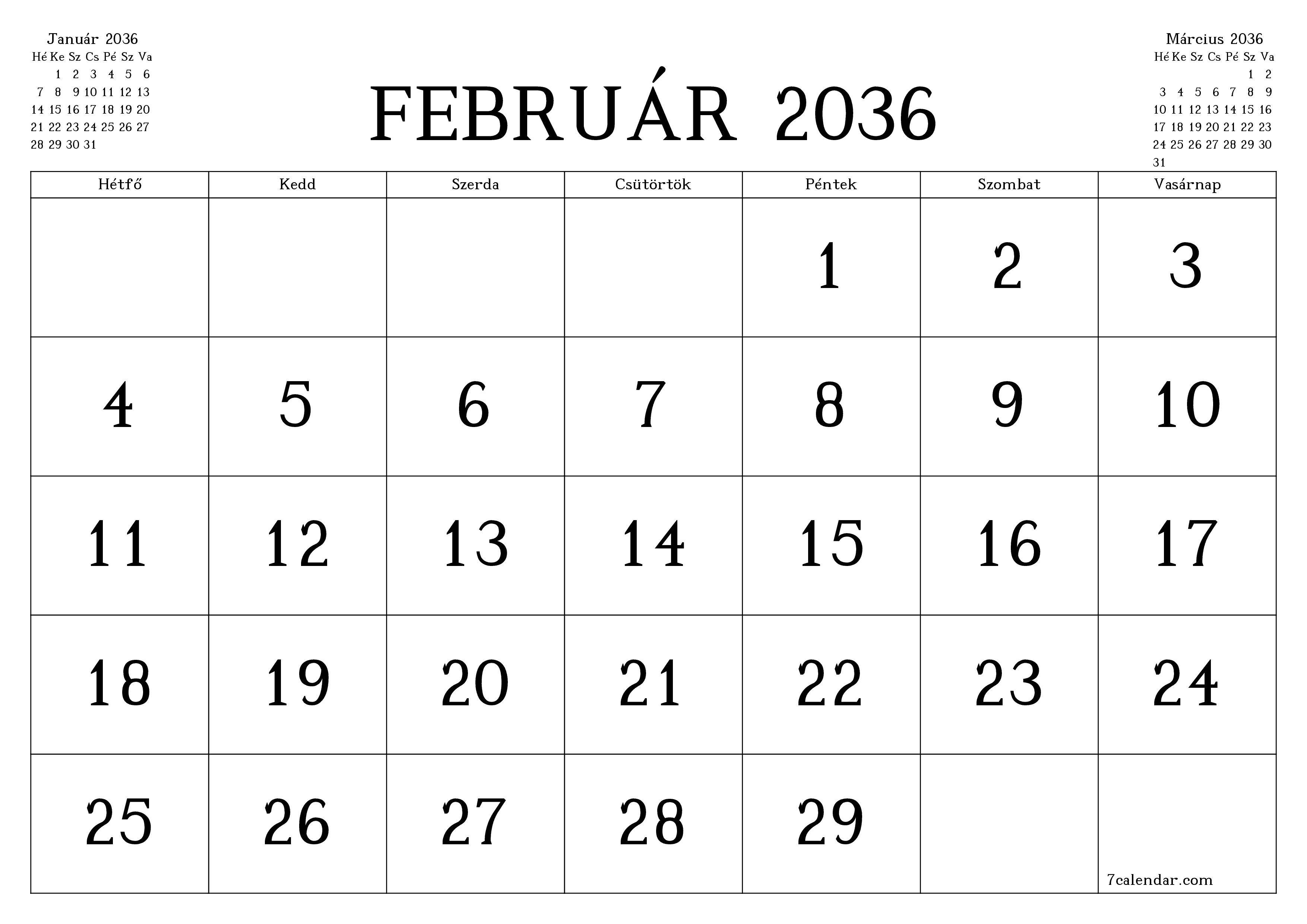 Üres havi tervező a Február 2036 hónapra jegyzetekkel, mentés és nyomtatás PDF-be PNG Hungarian