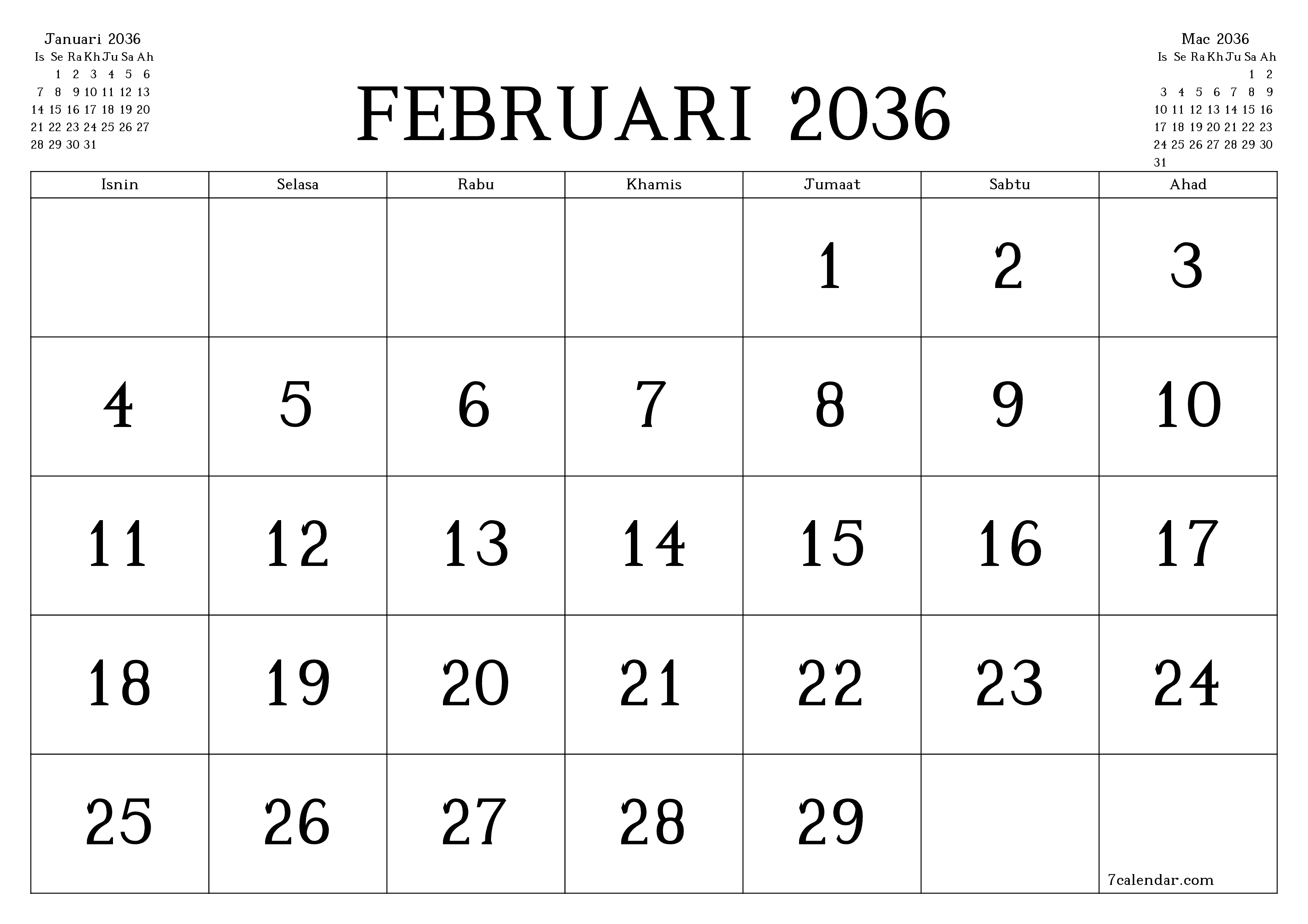 Perancang bulanan kosong untuk bulan Februari 2036 dengan nota, simpan dan cetak ke PDF PNG Malay