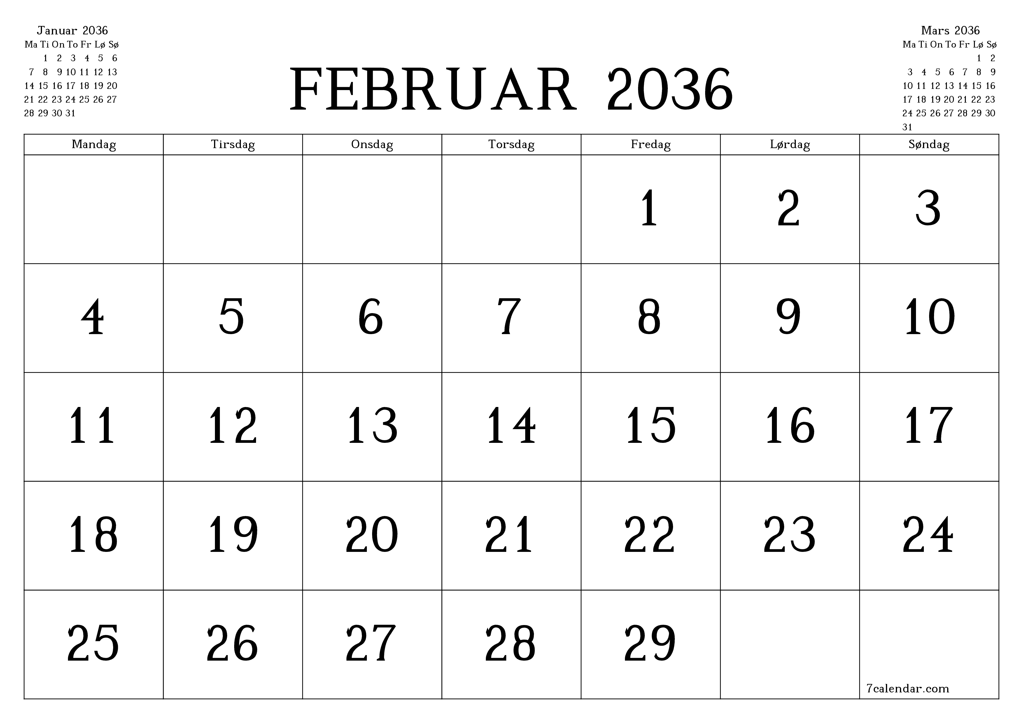 Tom månedlig planlegger for måned Februar 2036 med notater, lagre og skriv ut til PDF PNG Norwegian