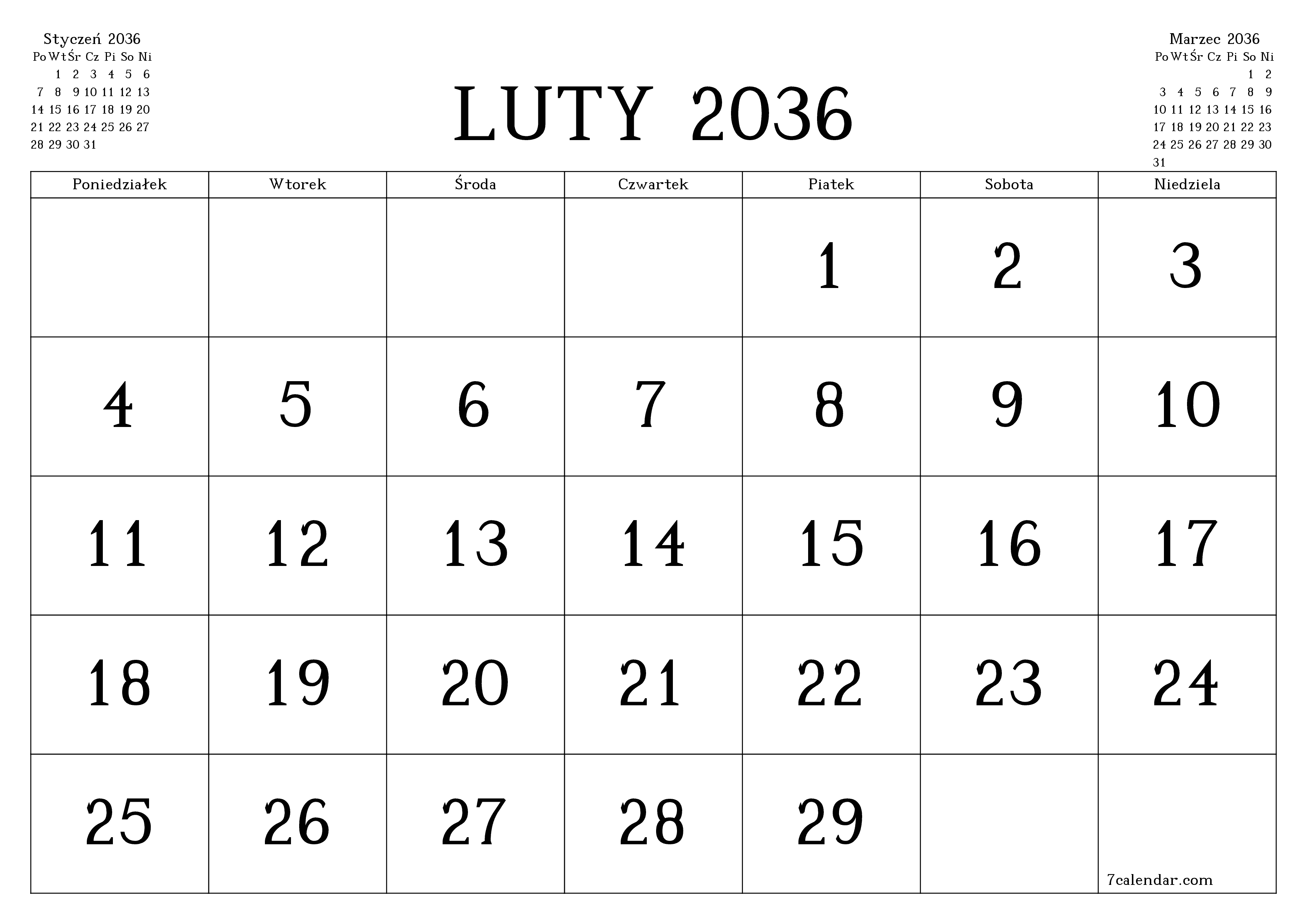 Opróżnij miesięczny planer na miesiąc Luty 2036 z notatkami, zapisz i wydrukuj w formacie PDF PNG Polish