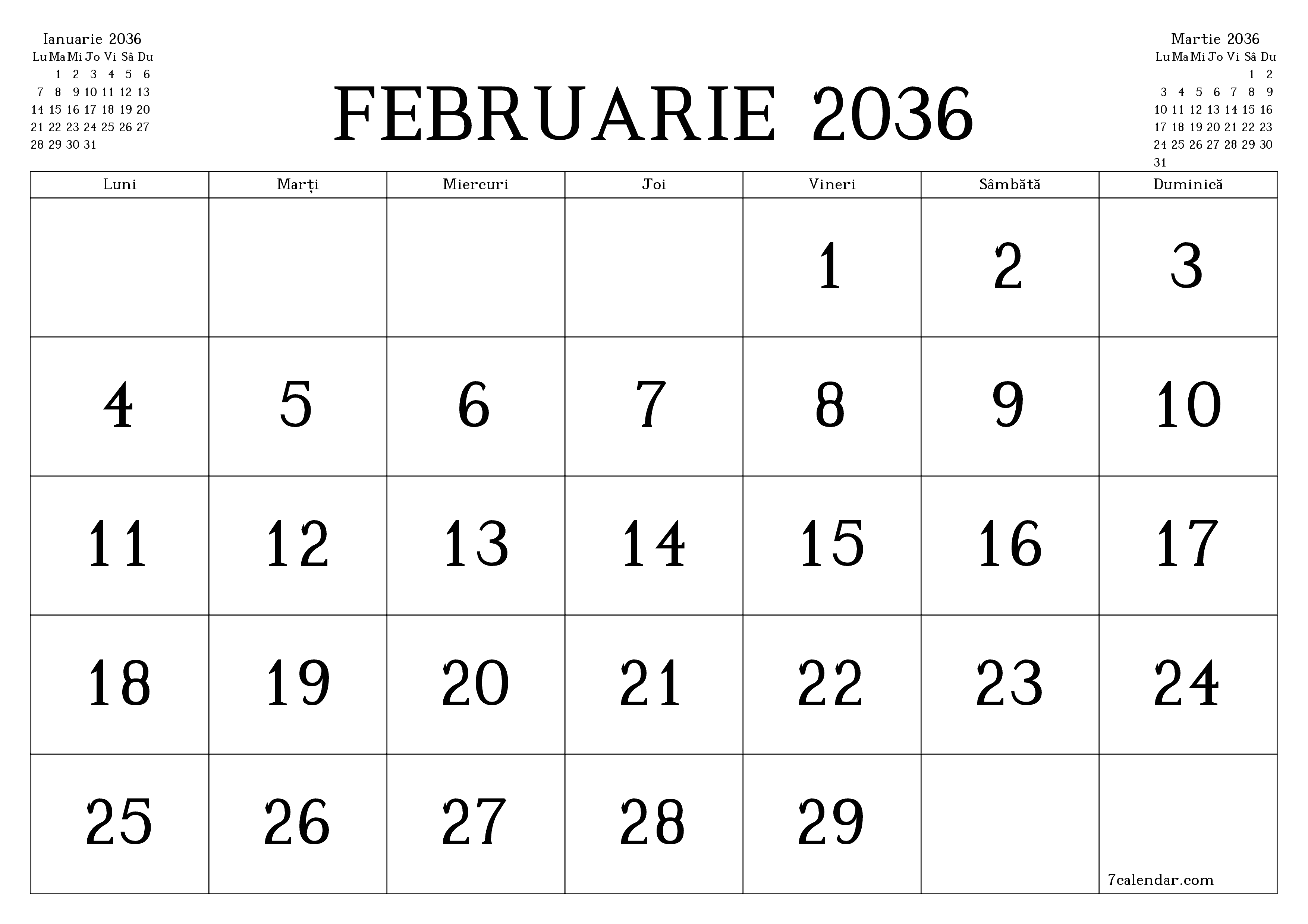 Planificator lunar gol pentru luna Februarie 2036 cu note, salvați și tipăriți în PDF PNG Romanian