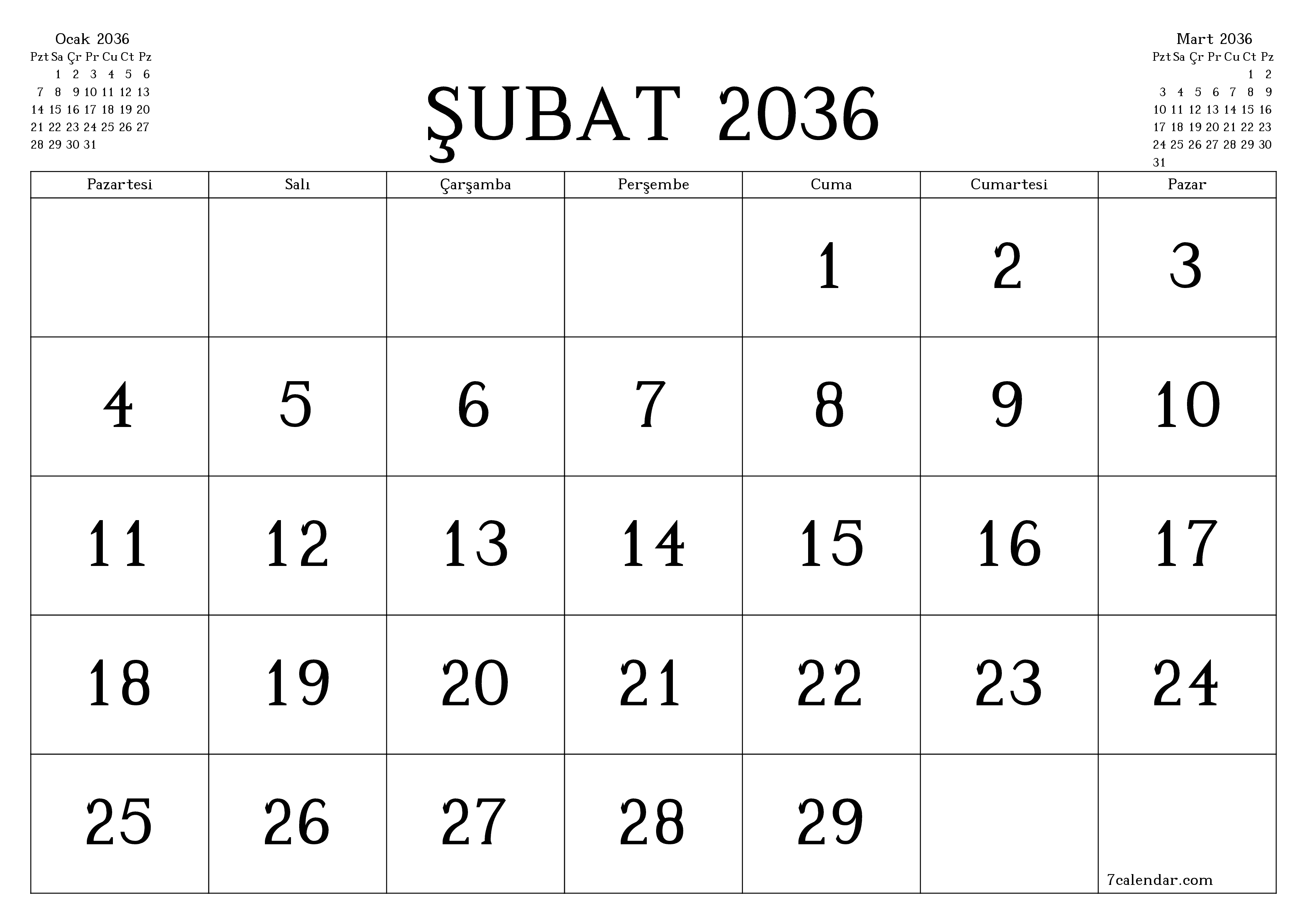 Şubat 2036 ayı için notlarla birlikte boş aylık planlayıcı, kaydedin ve PDF'ye yazdırın PNG Turkish