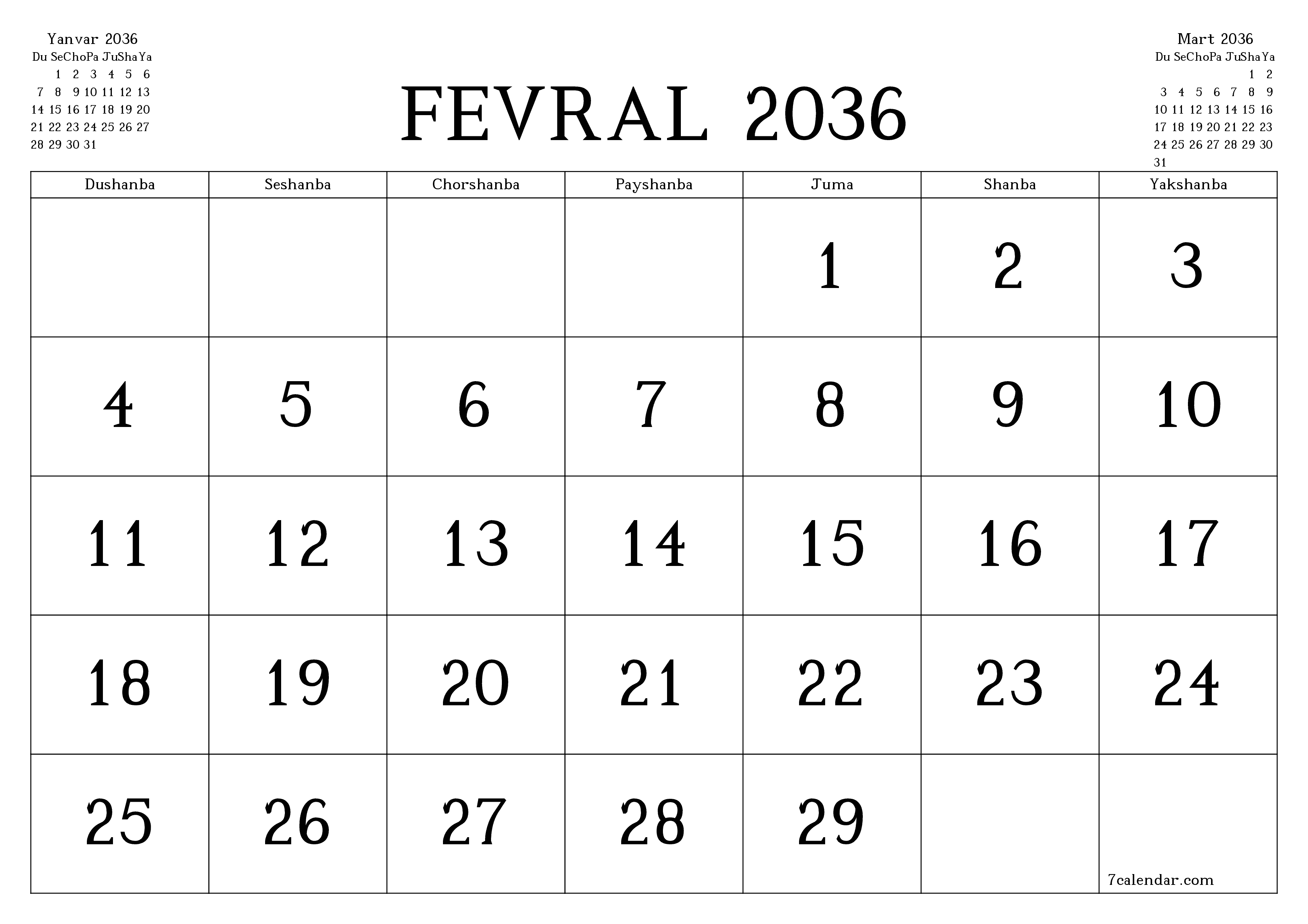 Fevral 2036 oylik oylik rejalashtiruvchini yozuvlar bilan bo'shatish, saqlash va PDF-ga chop etish PNG Uzbek