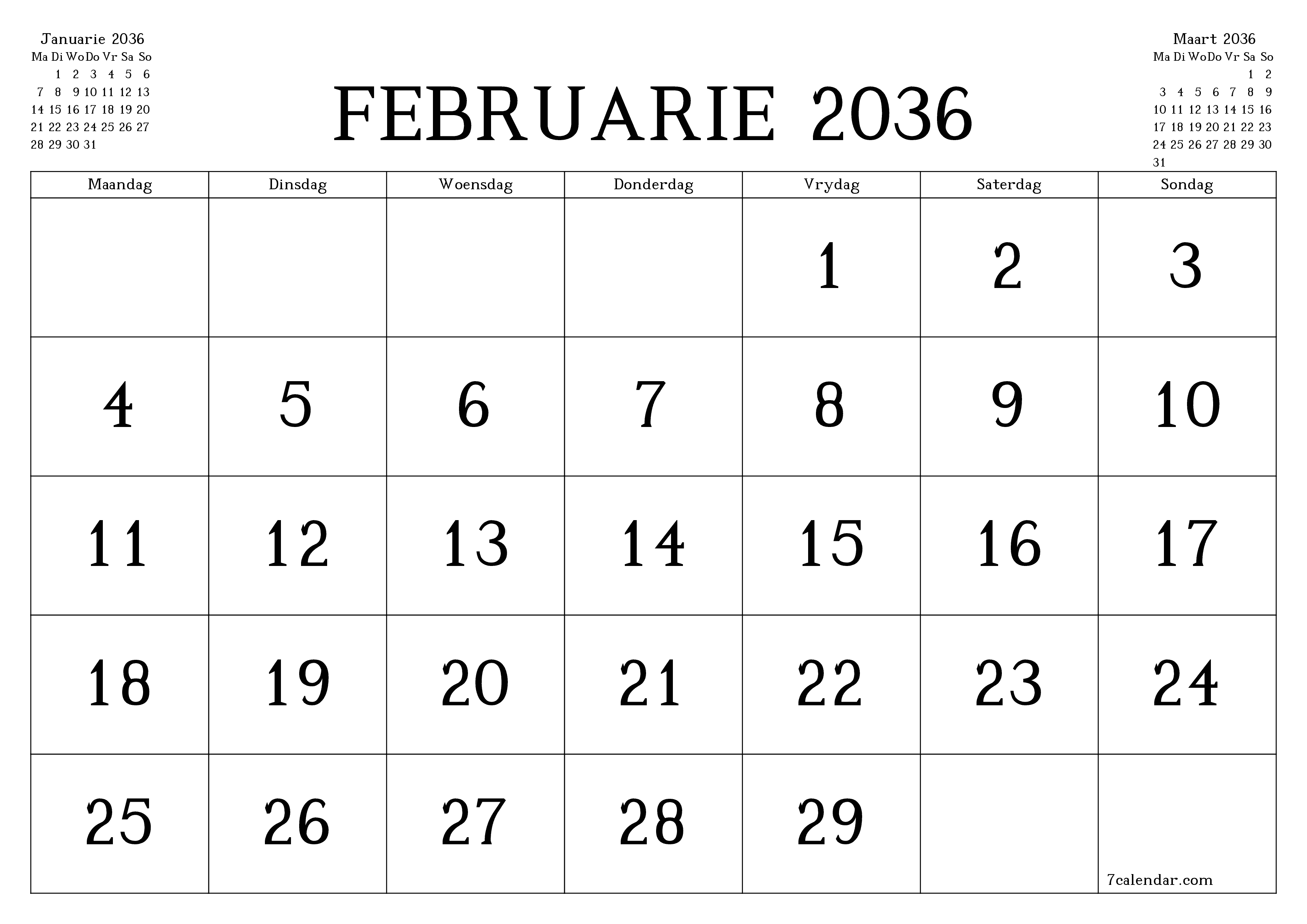 Leë maandelikse drukbare kalender en beplanner vir maand Februarie 2036 met notas stoor en druk na PDF PNG Afrikaans