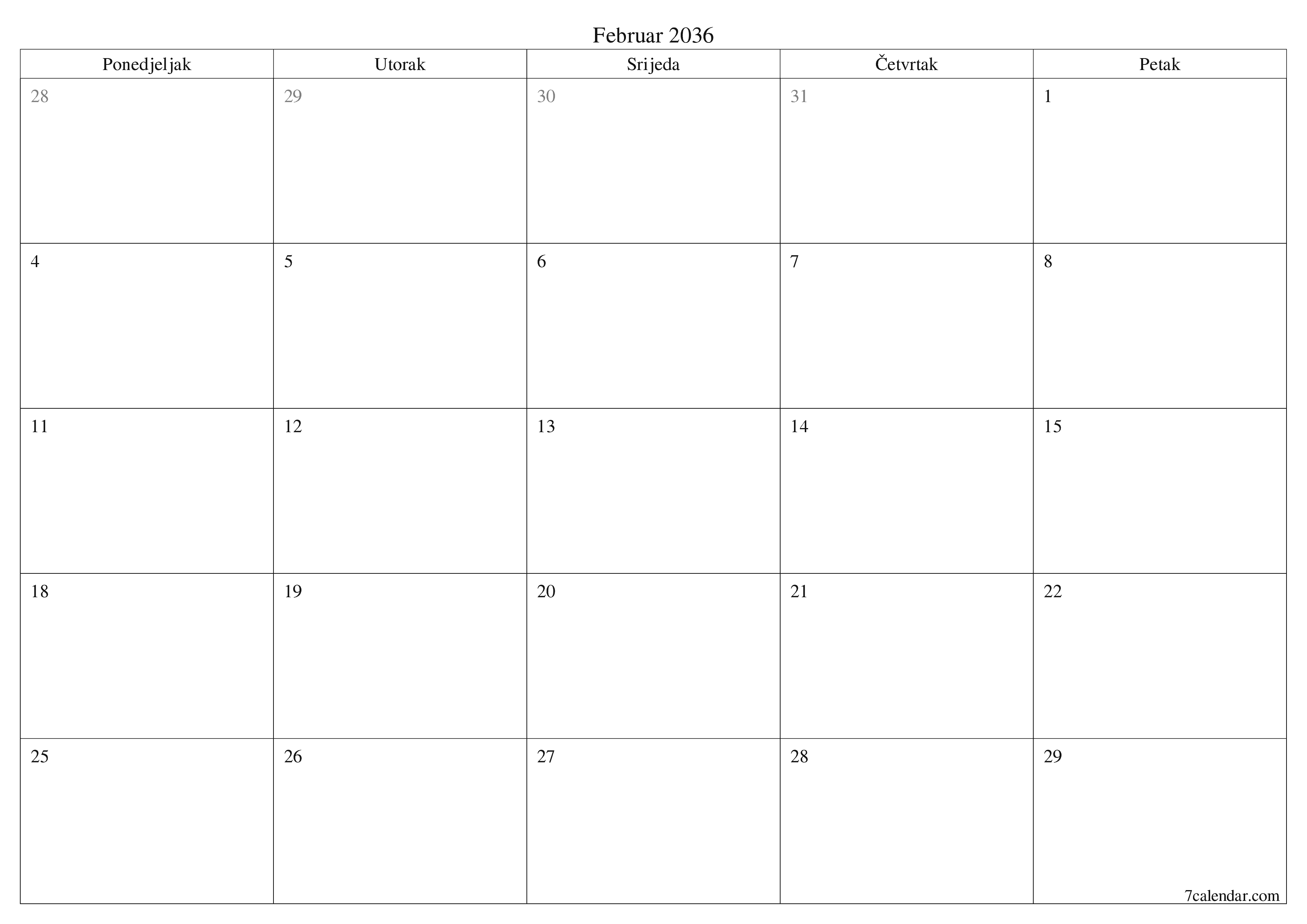 Ispraznite mjesečni planer za mjesec Februar 2036 s bilješkama, spremite i ispišite u PDF PNG Bosnian