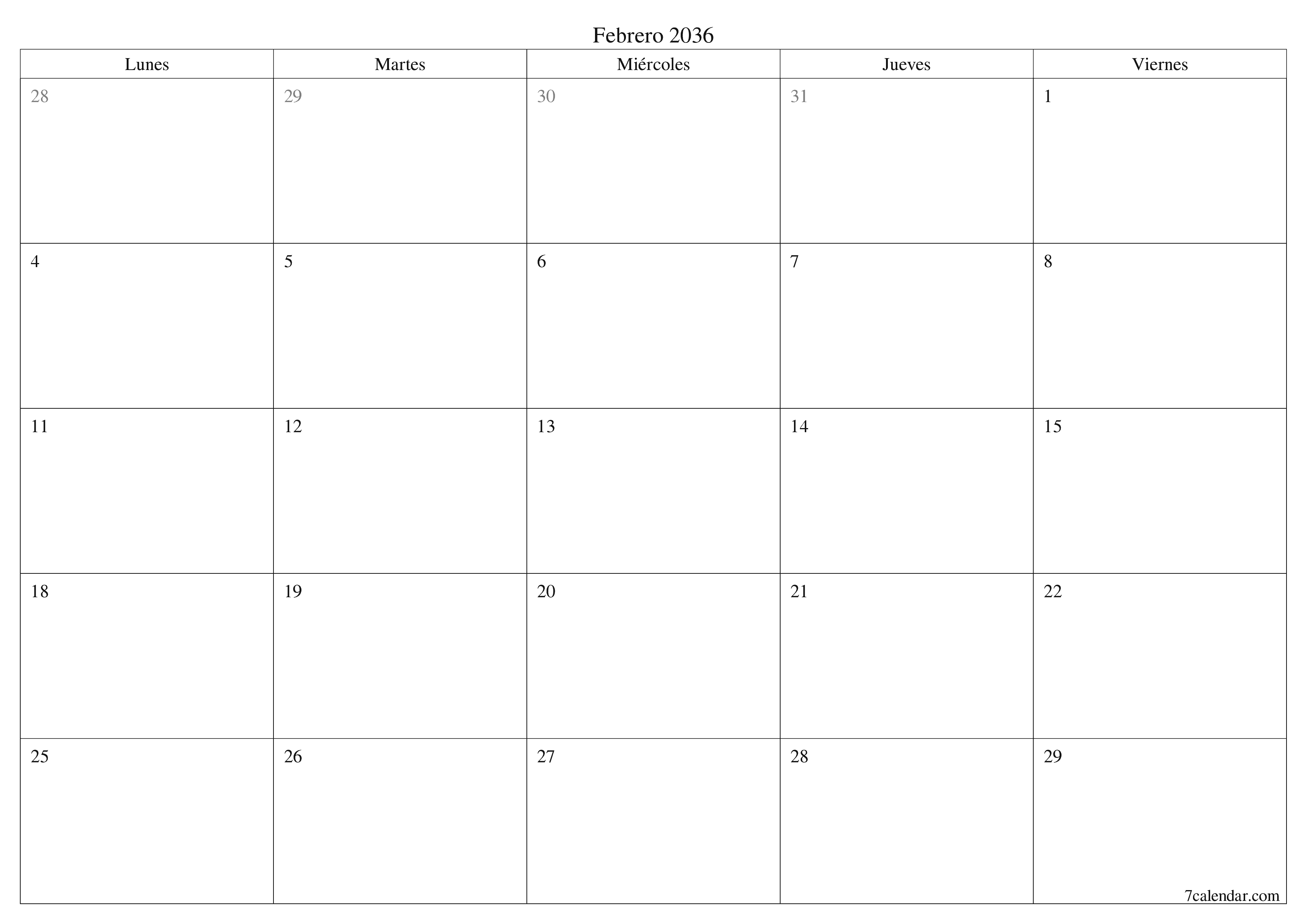 Planificador mensual vacío para el mes Febrero 2036 con notas, guardar e imprimir en PDF PNG Spanish